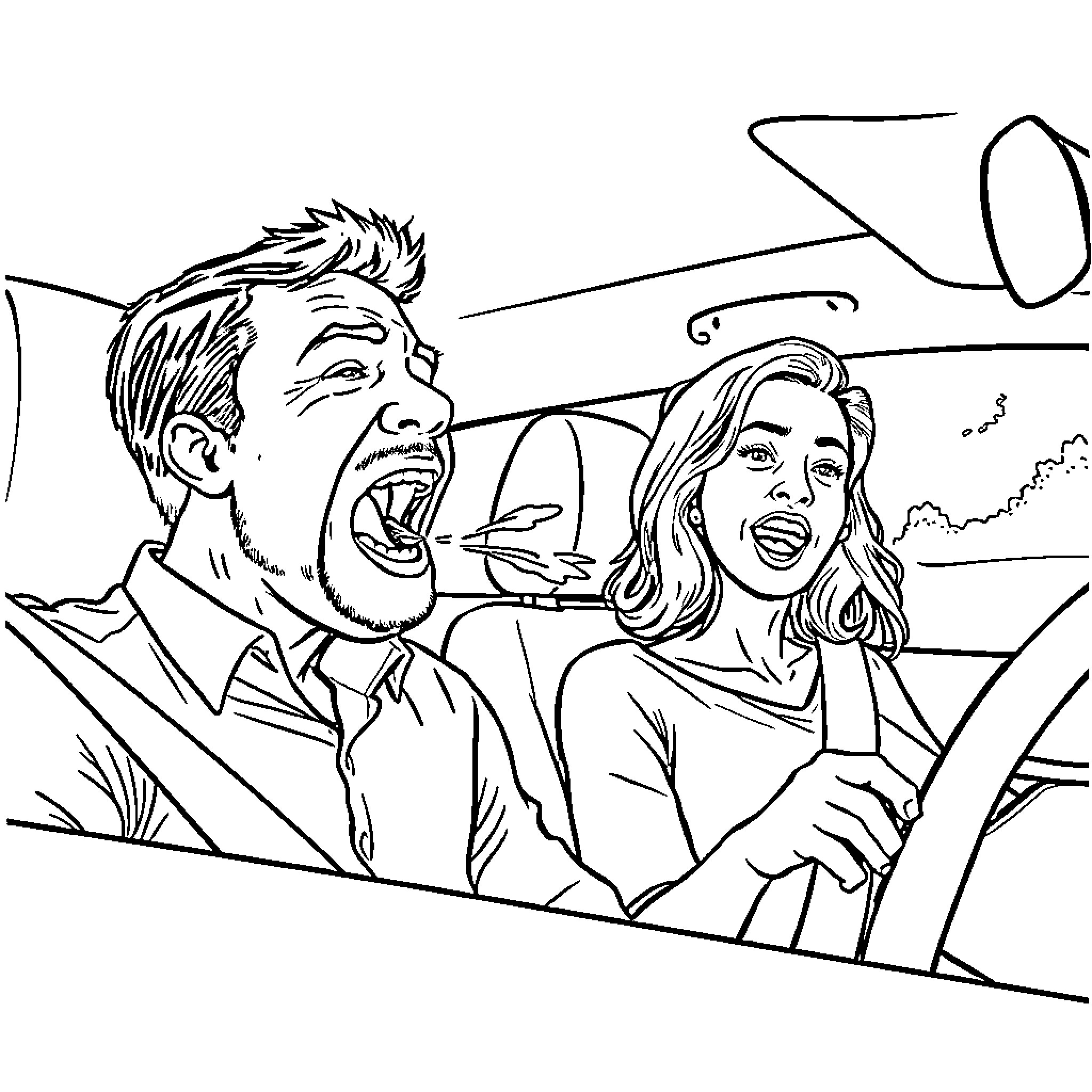 Husband and wife's joyful road trip Coloring Page (free black-and-white line drawing printable PDF for all, from beginners to advanced learners, including children, teens, adults, and seniors)