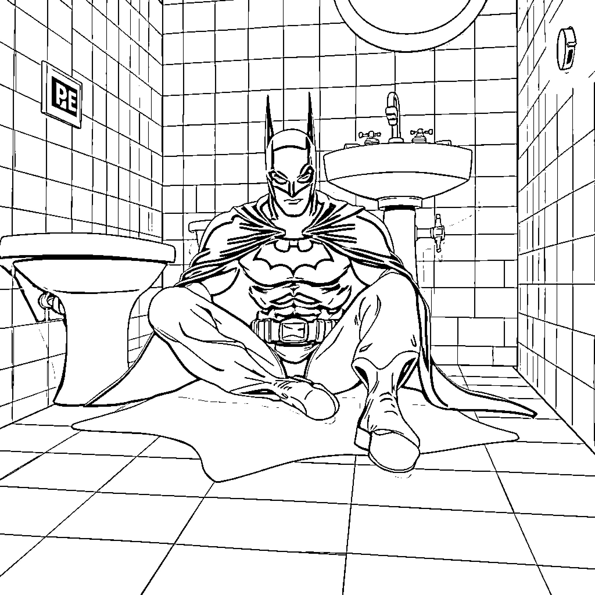 Batman Resting in Bathroom Coloring Page (free black-and-white line drawing printable PDF for all, from beginners to advanced learners, including children, teens, adults, and seniors)