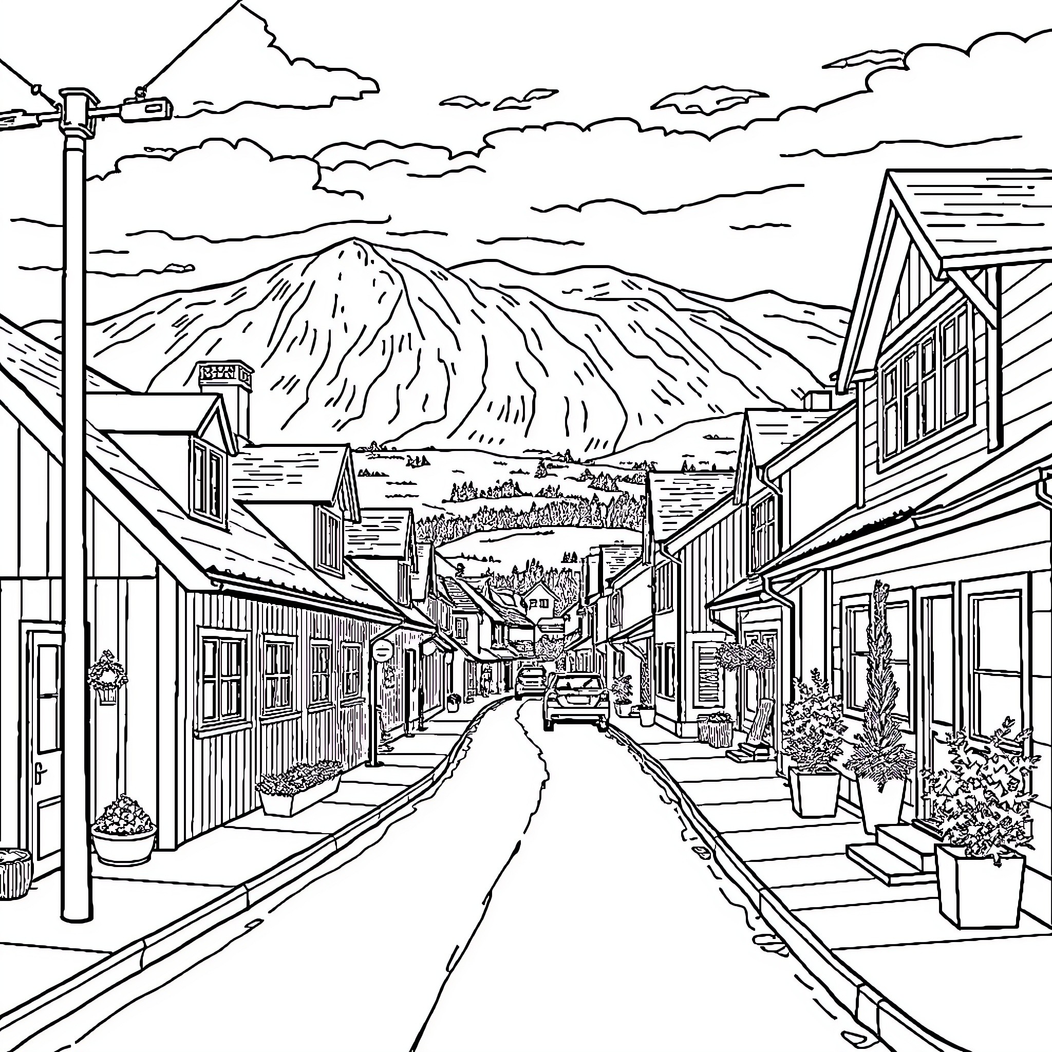 Villaveien: Quaint Mountain Town with Scenic Backdrop Coloring Page (free black-and-white line drawing printable PDF for all, from beginners to advanced learners, including children, teens, adults, and seniors)