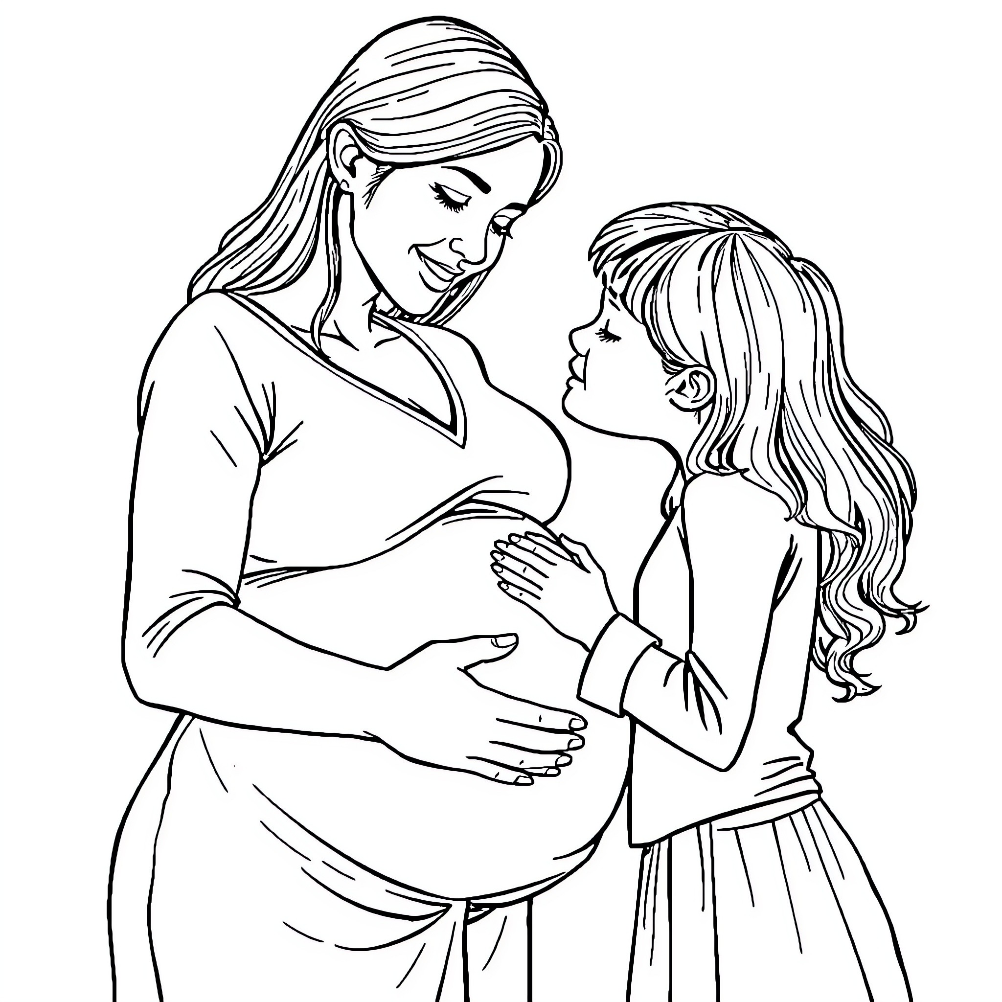 Mom and daughter share a tender moment Coloring Page (free black-and-white line drawing printable PDF for all, from beginners to advanced learners, including children, teens, adults, and seniors)