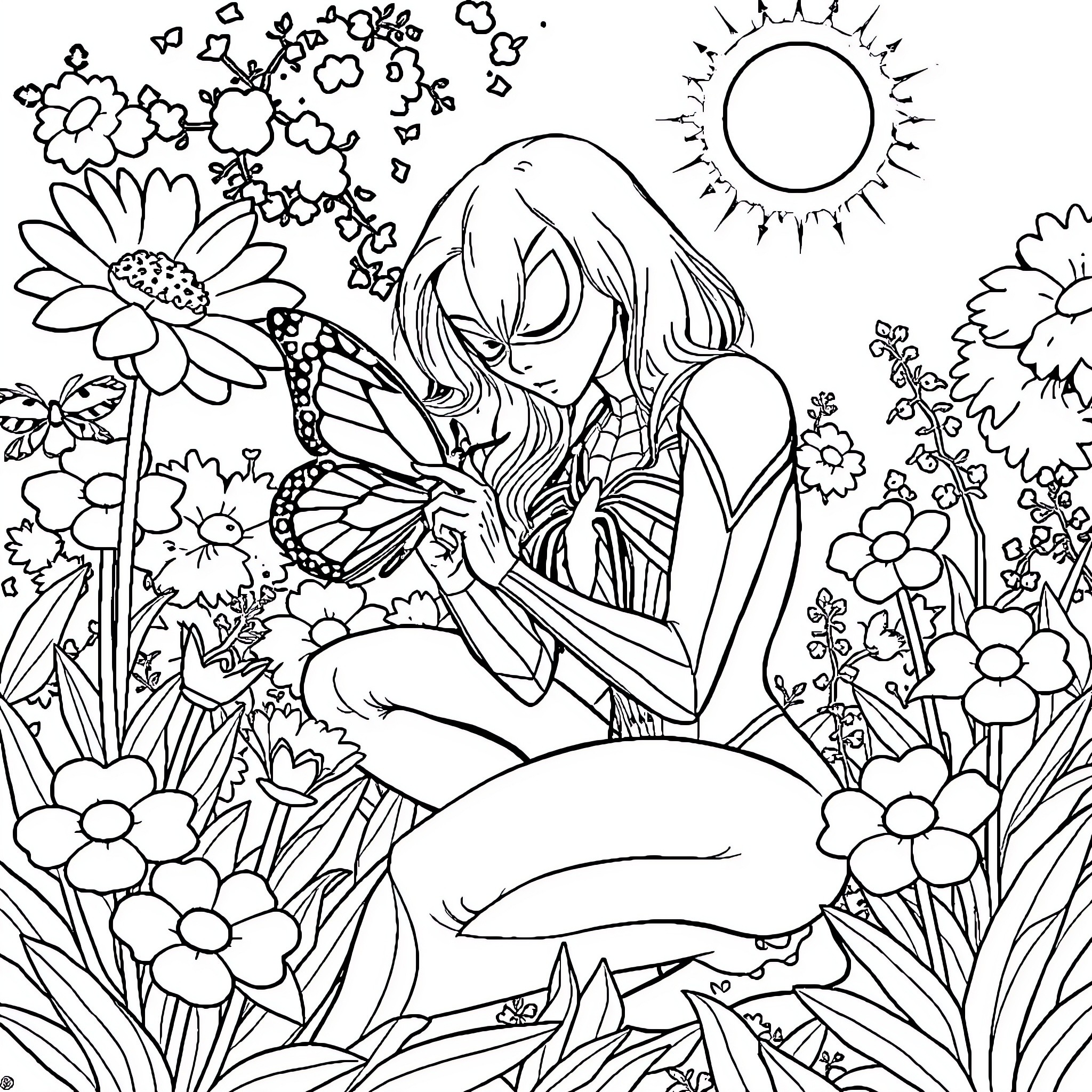 Spiderwoman enjoying the beauty of nature Coloring Page (free black-and-white line drawing printable PDF for all, from beginners to advanced learners, including children, teens, adults, and seniors)