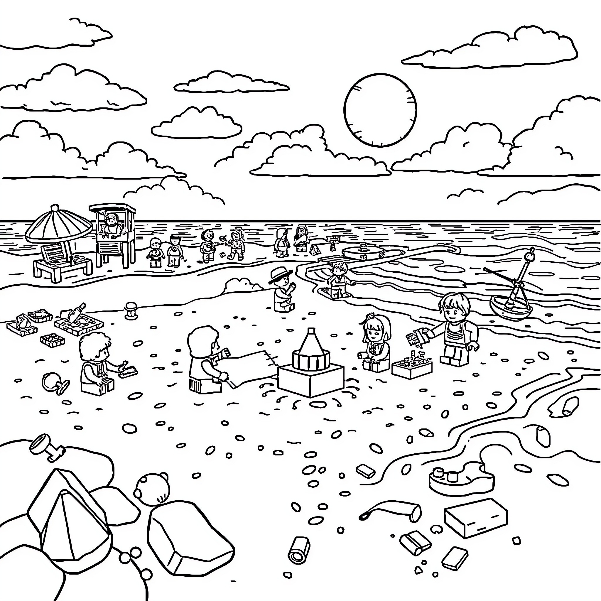 Lego people enjoying a day at the beach Coloring Page (free black-and-white line drawing printable PDF for all, from beginners to advanced learners, including children, teens, adults, and seniors)