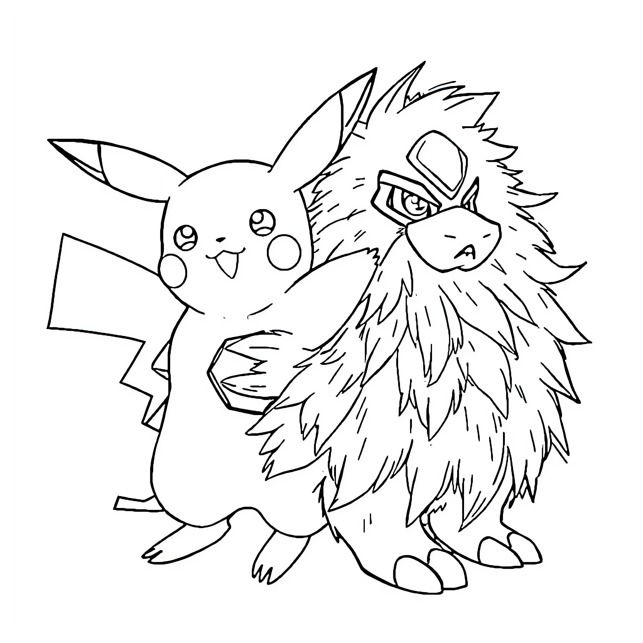 Pikachu and Furry Companion Coloring Page (free black-and-white line drawing printable PDF for all, from beginners to advanced learners, including children, teens, adults, and seniors)