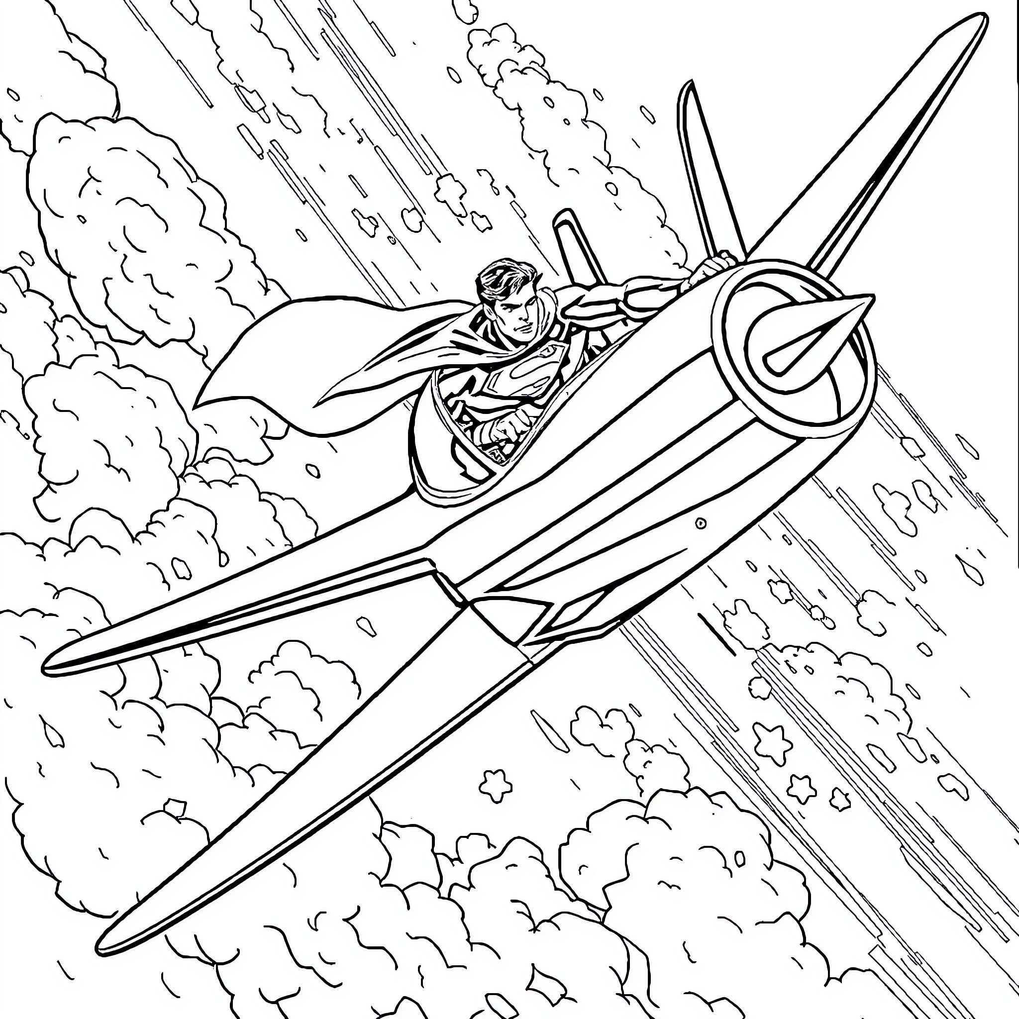 Superman soaring through the sky in a jet-propelled craft Coloring Page (free black-and-white line drawing printable PDF for all, from beginners to advanced learners, including children, teens, adults, and seniors)