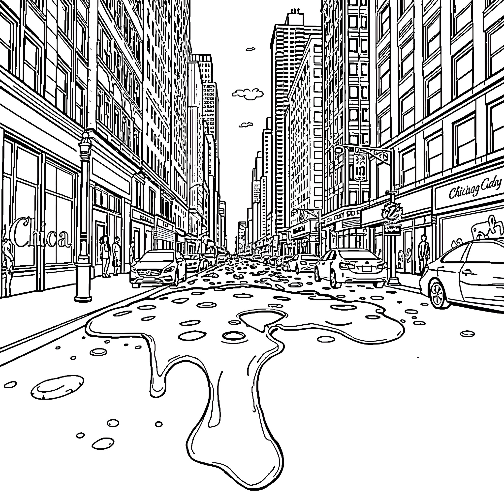 Pizza Spill on the Busy City Street Coloring Page (free black-and-white line drawing printable PDF for all, from beginners to advanced learners, including children, teens, adults, and seniors)