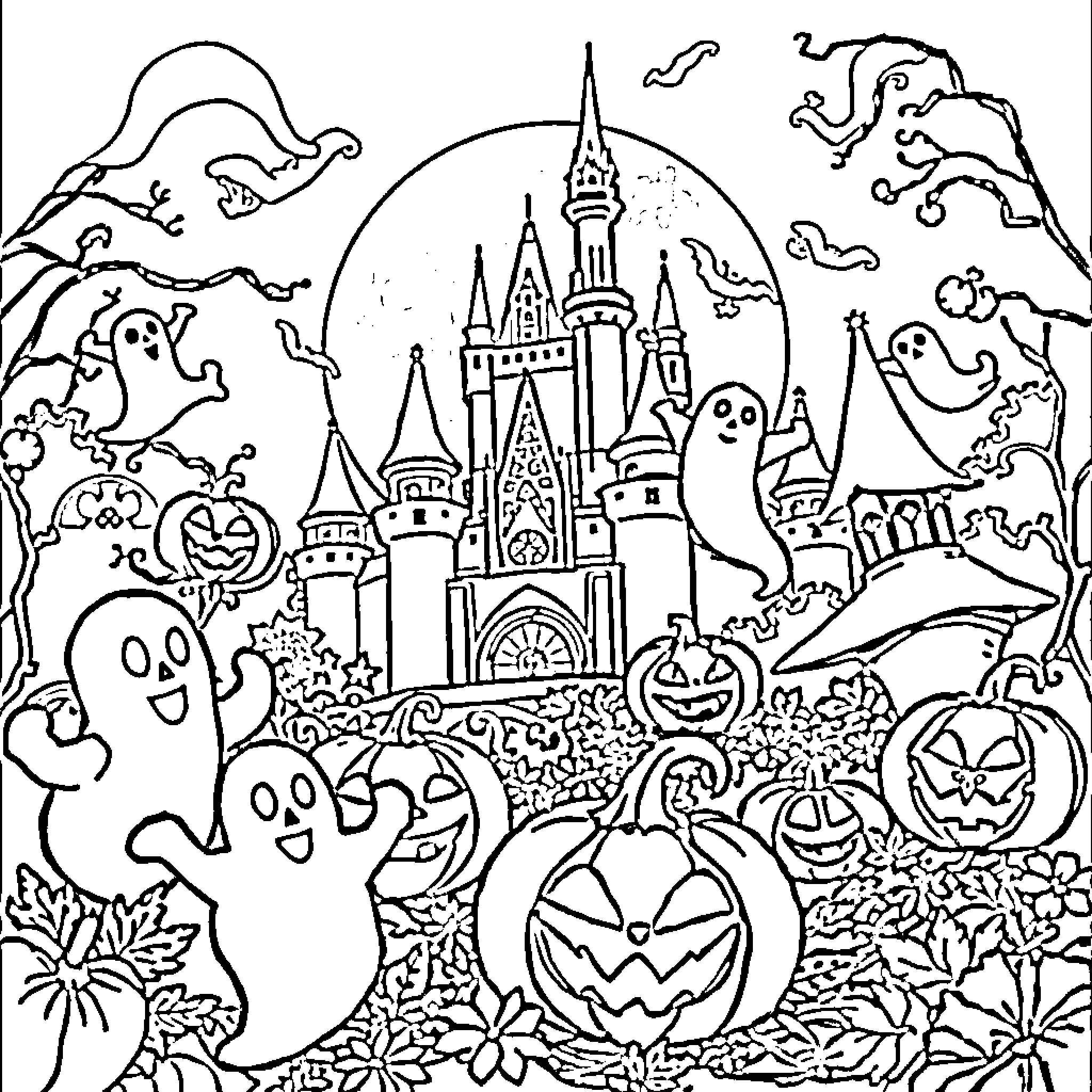 Halloween spooky castle and ghostly characters Coloring Page (free black-and-white line drawing printable PDF for all, from beginners to advanced learners, including children, teens, adults, and seniors)