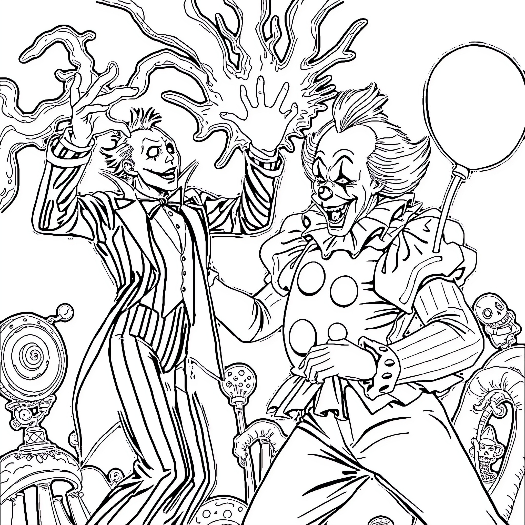 Beetlejuice's Chaotic Carnival Antics Coloring Page (free black-and-white line drawing printable PDF for all, from beginners to advanced learners, including children, teens, adults, and seniors)