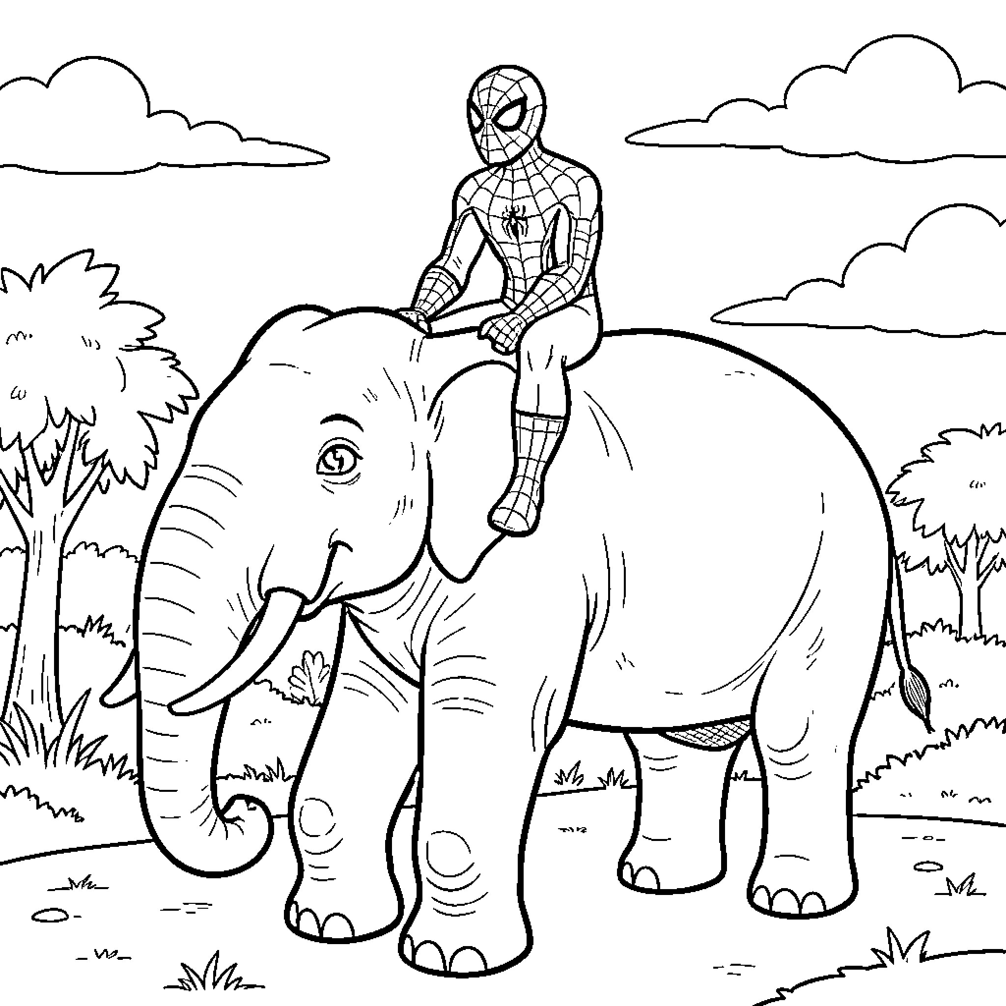 Spiderman riding on top of an elephant Coloring Page (free black-and-white line drawing printable PDF for all, from beginners to advanced learners, including children, teens, adults, and seniors)