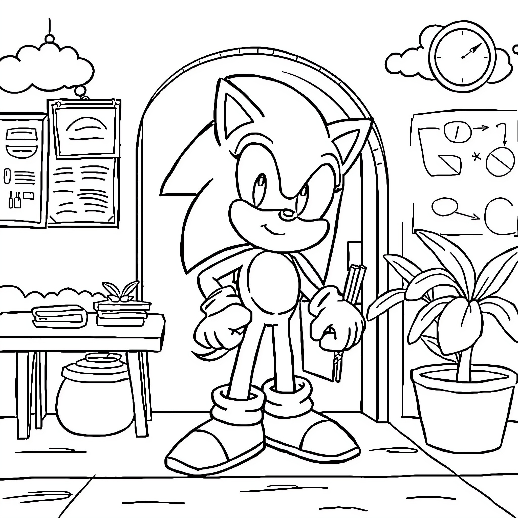 Sonic exploring a new environment with curiosity Coloring Page (free black-and-white line drawing printable PDF for all, from beginners to advanced learners, including children, teens, adults, and seniors)