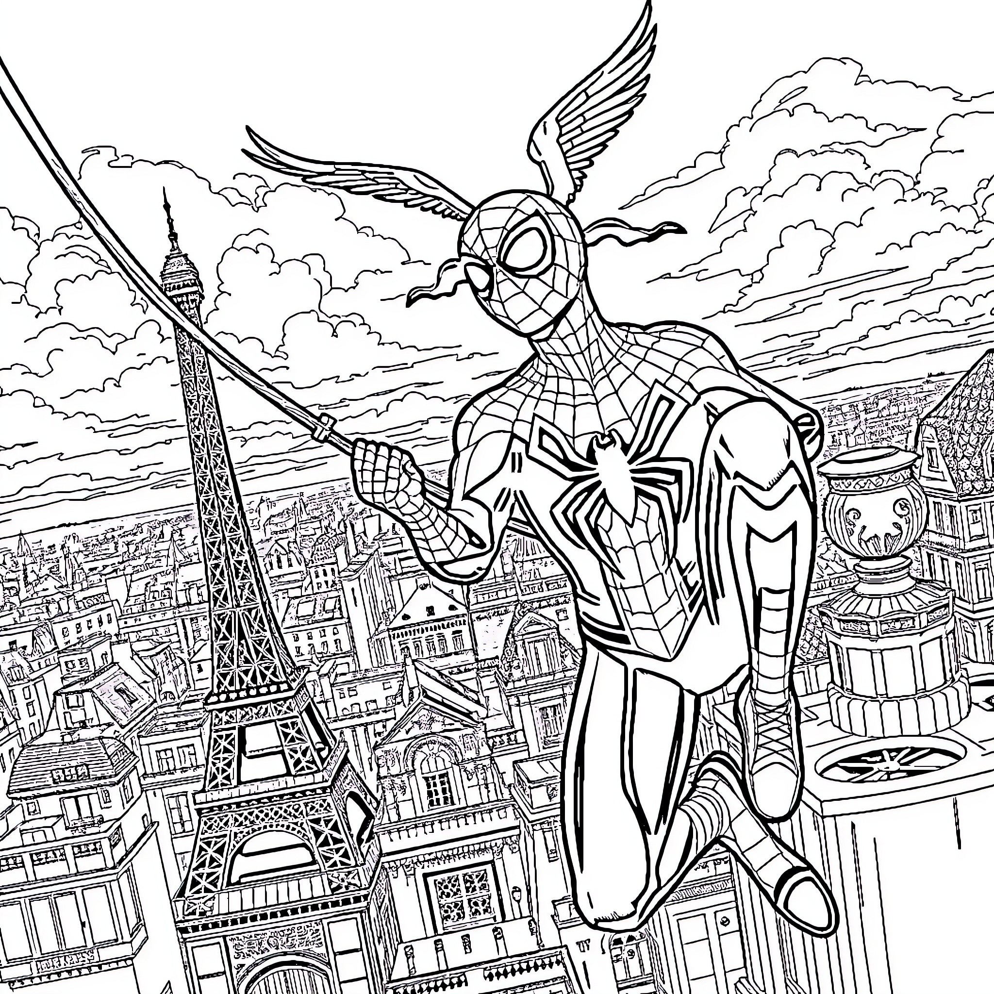 Spiderman Soaring Over the City with Heroic Pose Coloring Page (free black-and-white line drawing printable PDF for all, from beginners to advanced learners, including children, teens, adults, and seniors)