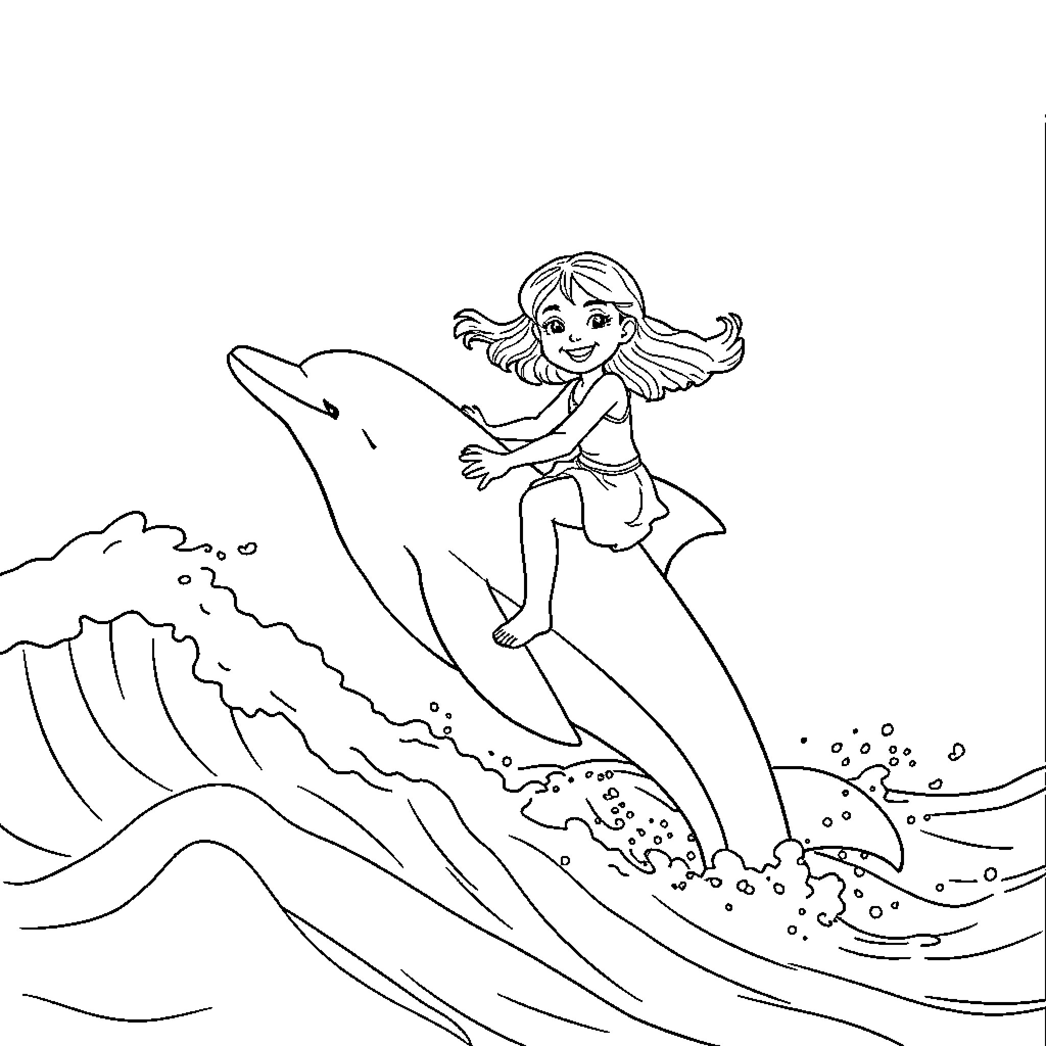 Girl surfing with a dolphin in the waves Coloring Page (free black-and-white line drawing printable PDF for all, from beginners to advanced learners, including children, teens, adults, and seniors)