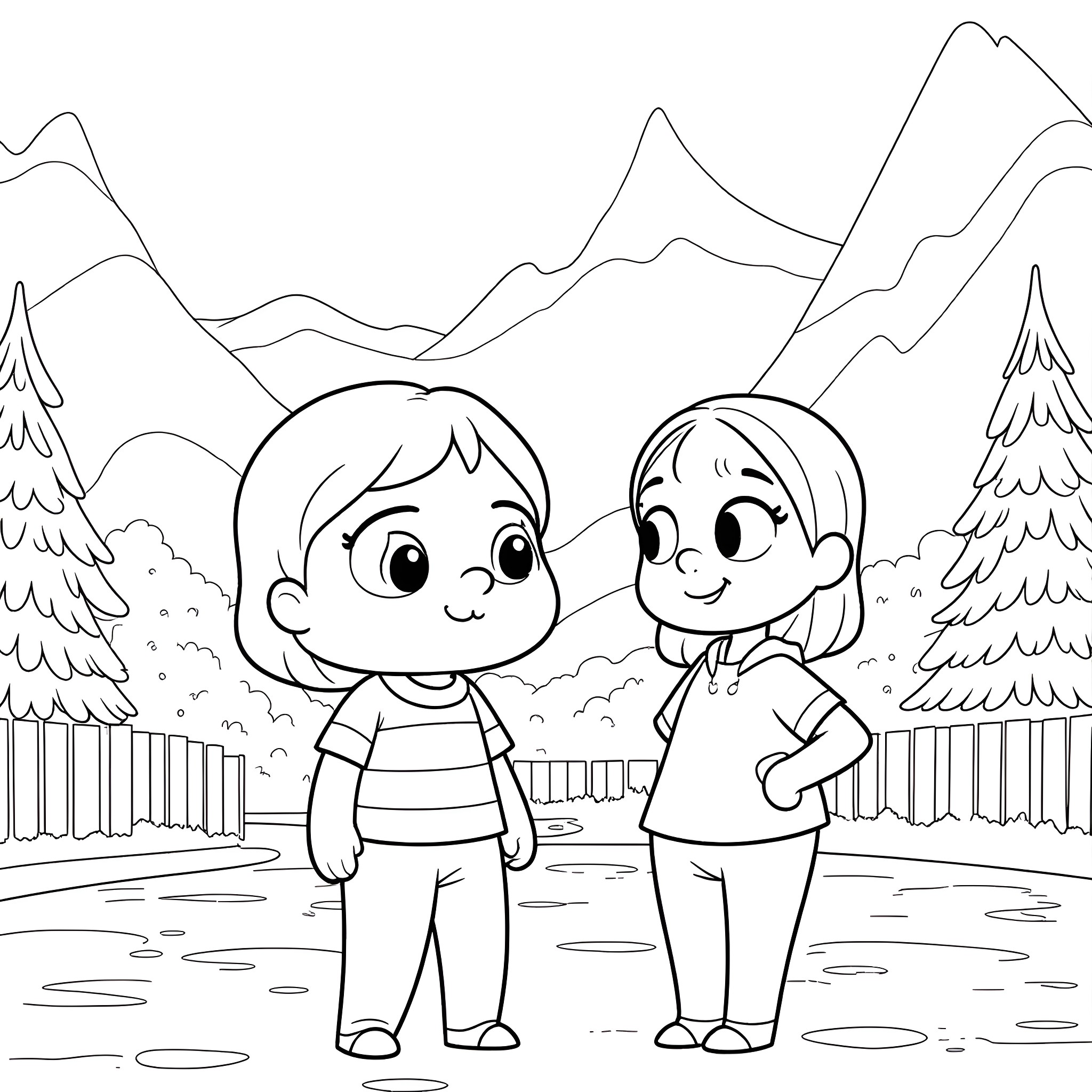 Gravity Falls: Two Friends Exploring the Outdoors Coloring Page (free black-and-white line drawing printable PDF for all, from beginners to advanced learners, including children, teens, adults, and seniors)