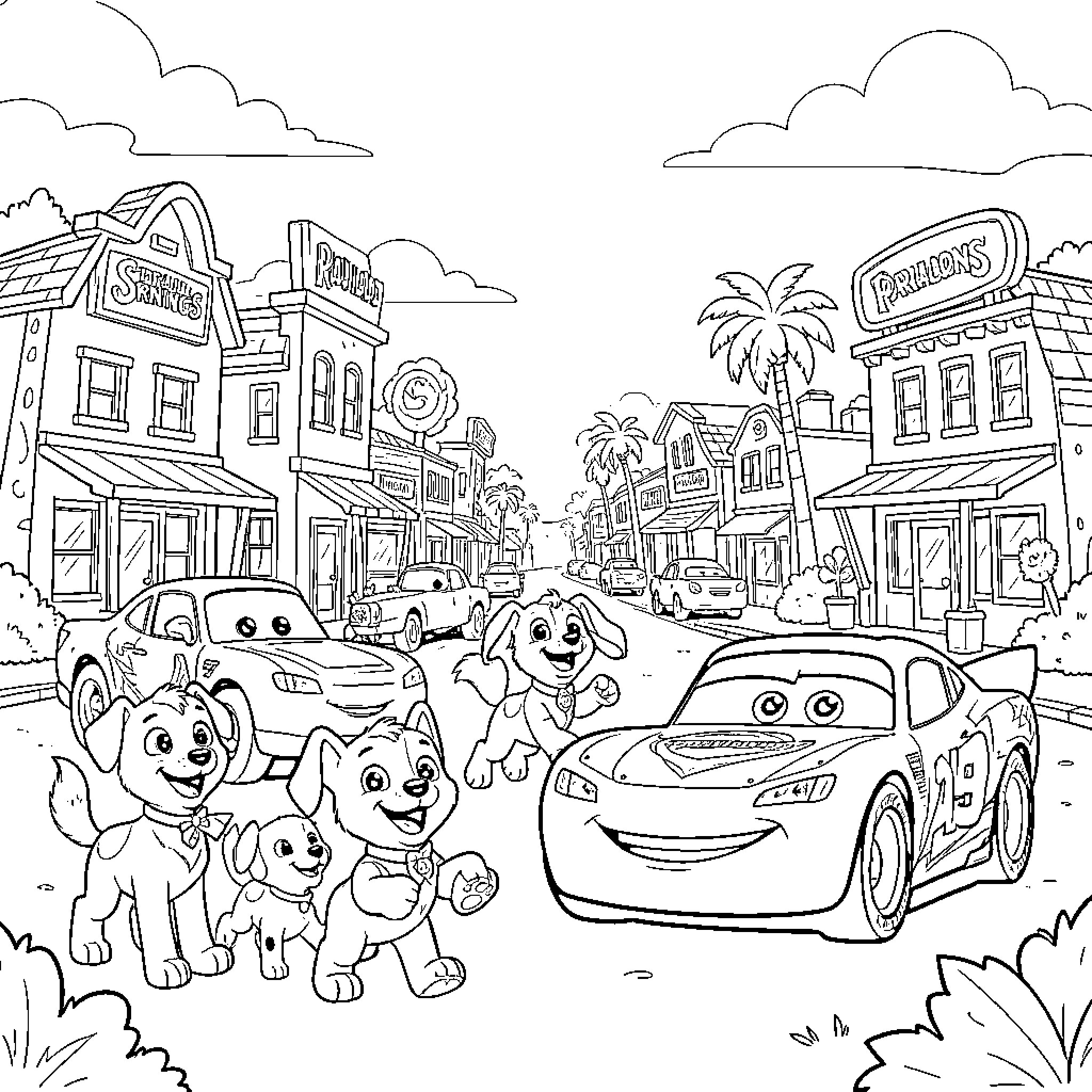 Rayo McQueen and friends on a cartoon city street Coloring Page (free black-and-white line drawing printable PDF for all, from beginners to advanced learners, including children, teens, adults, and seniors)