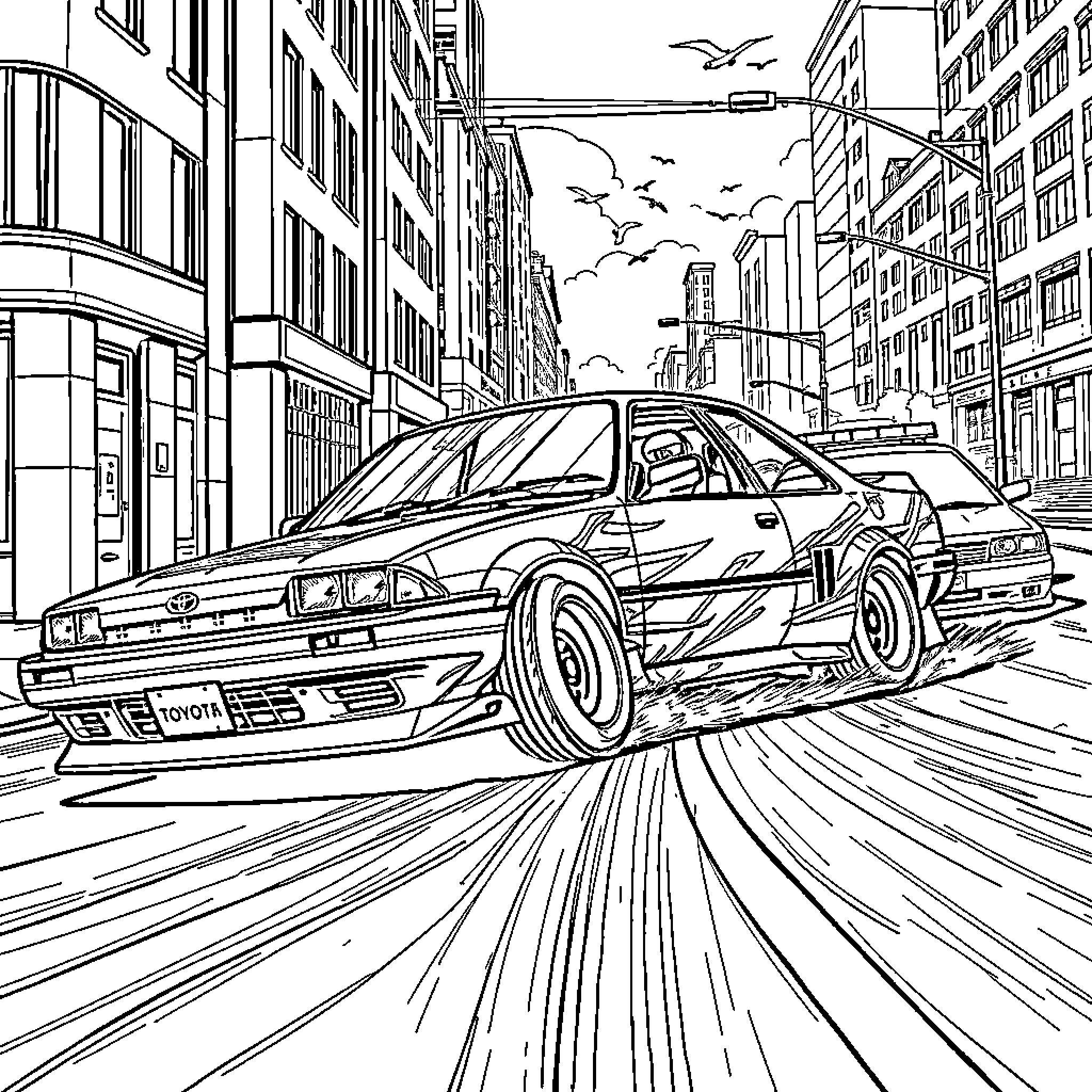 Car speeding through city streets Coloring Page (free black-and-white line drawing printable PDF for all, from beginners to advanced learners, including children, teens, adults, and seniors)