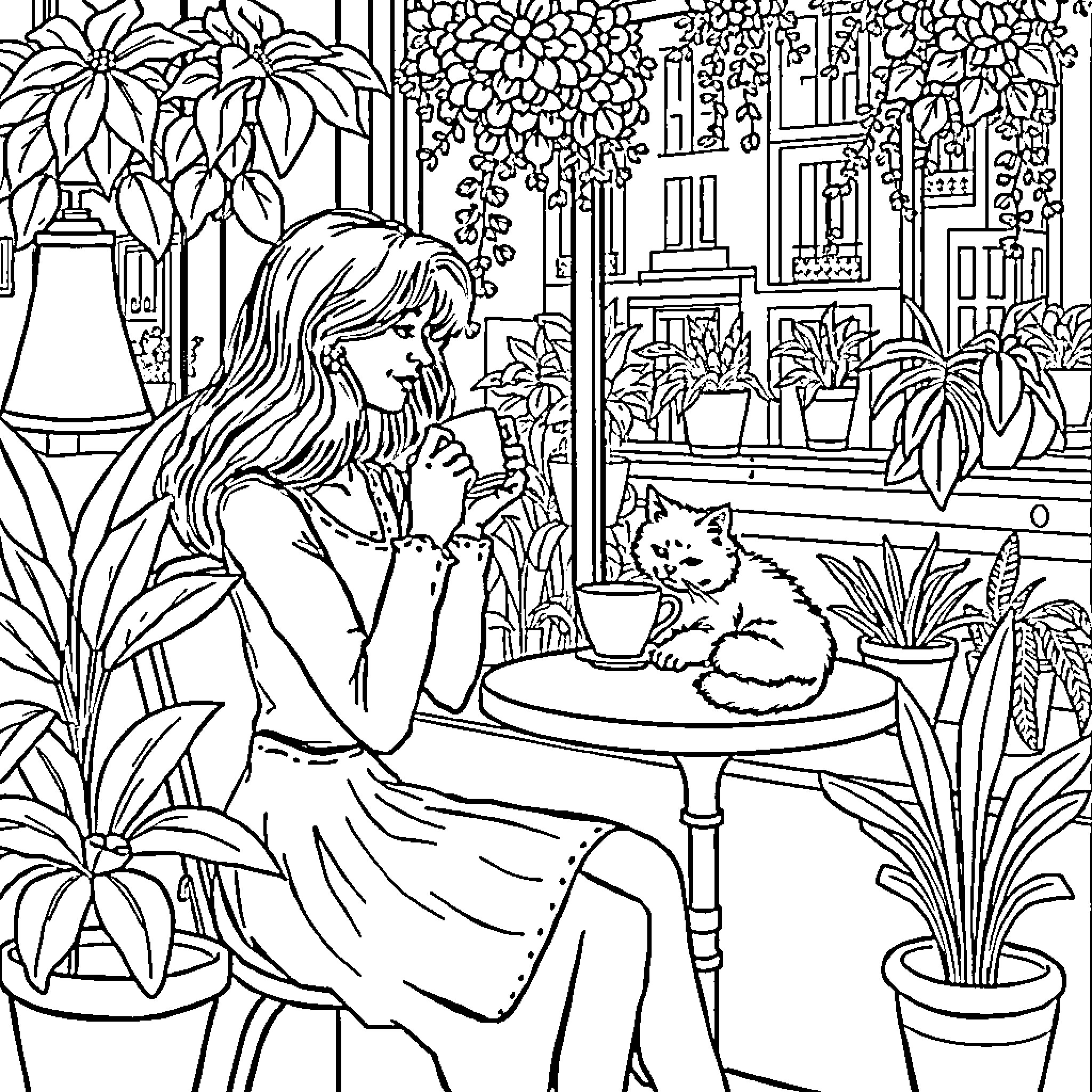 Cat and Woman Enjoying Cozy Greenhouse Coloring Page (free black-and-white line drawing printable PDF for all, from beginners to advanced learners, including children, teens, adults, and seniors)