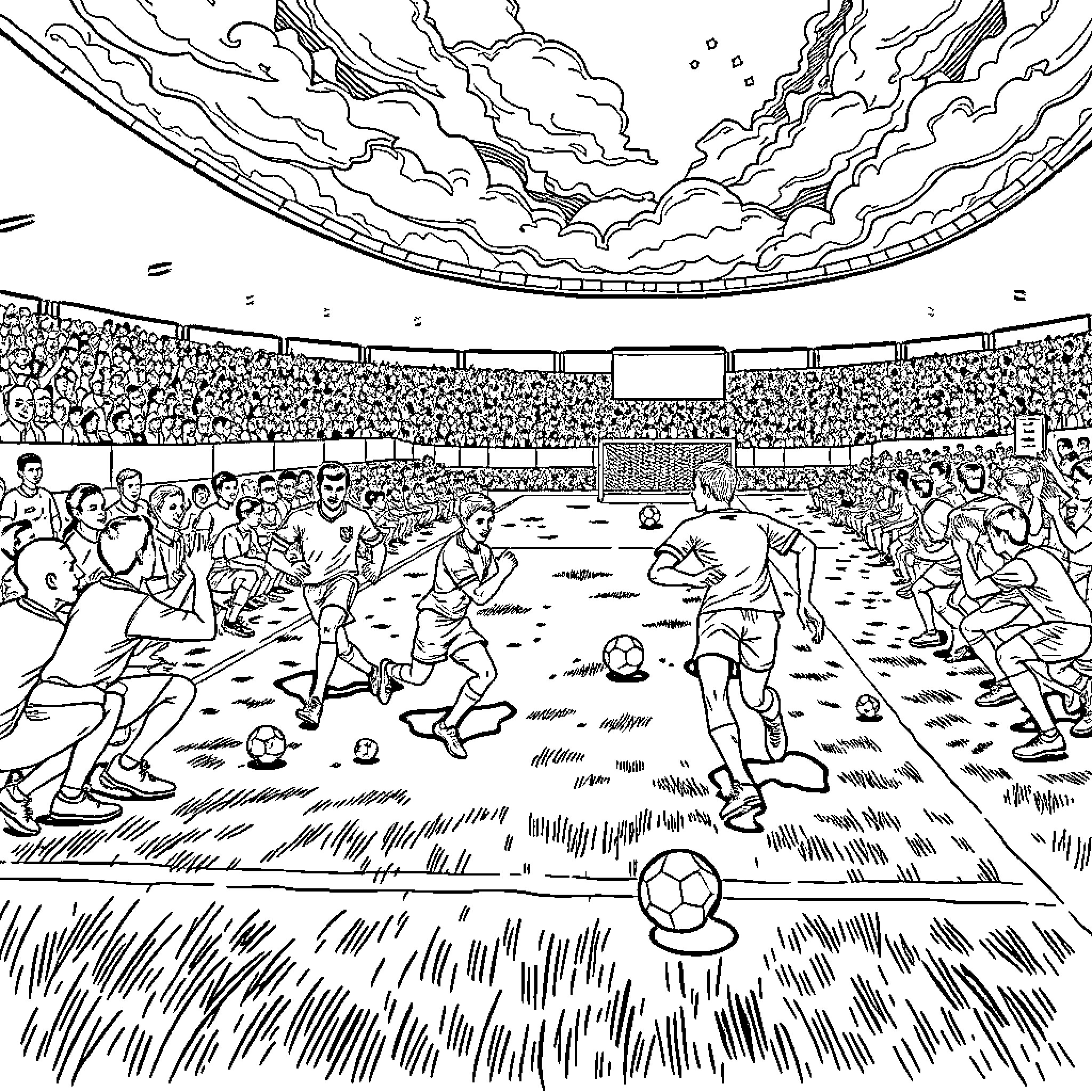 Soccer game in a crowded stadium Coloring Page (free black-and-white line drawing printable PDF for all, from beginners to advanced learners, including children, teens, adults, and seniors)