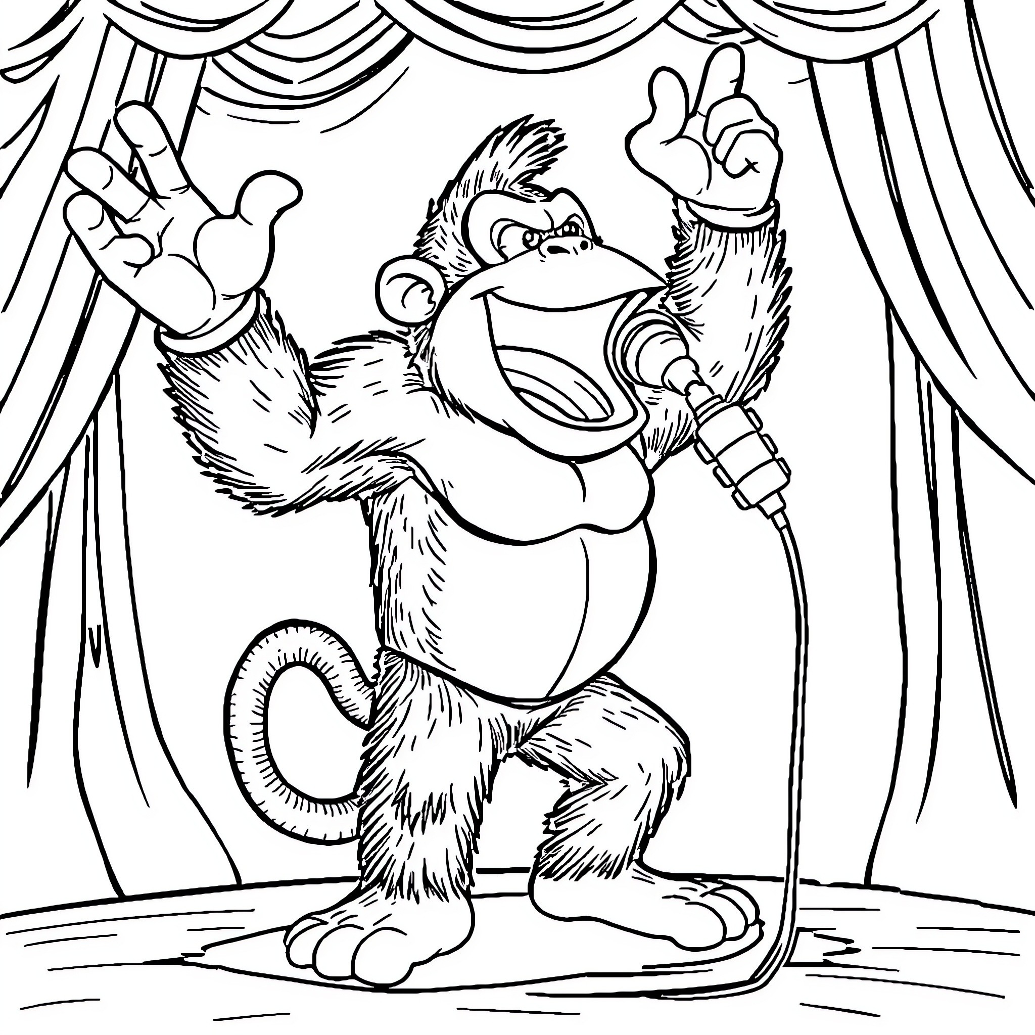 Donkey Kong performing on stage with microphone Coloring Page (free black-and-white line drawing printable PDF for all, from beginners to advanced learners, including children, teens, adults, and seniors)