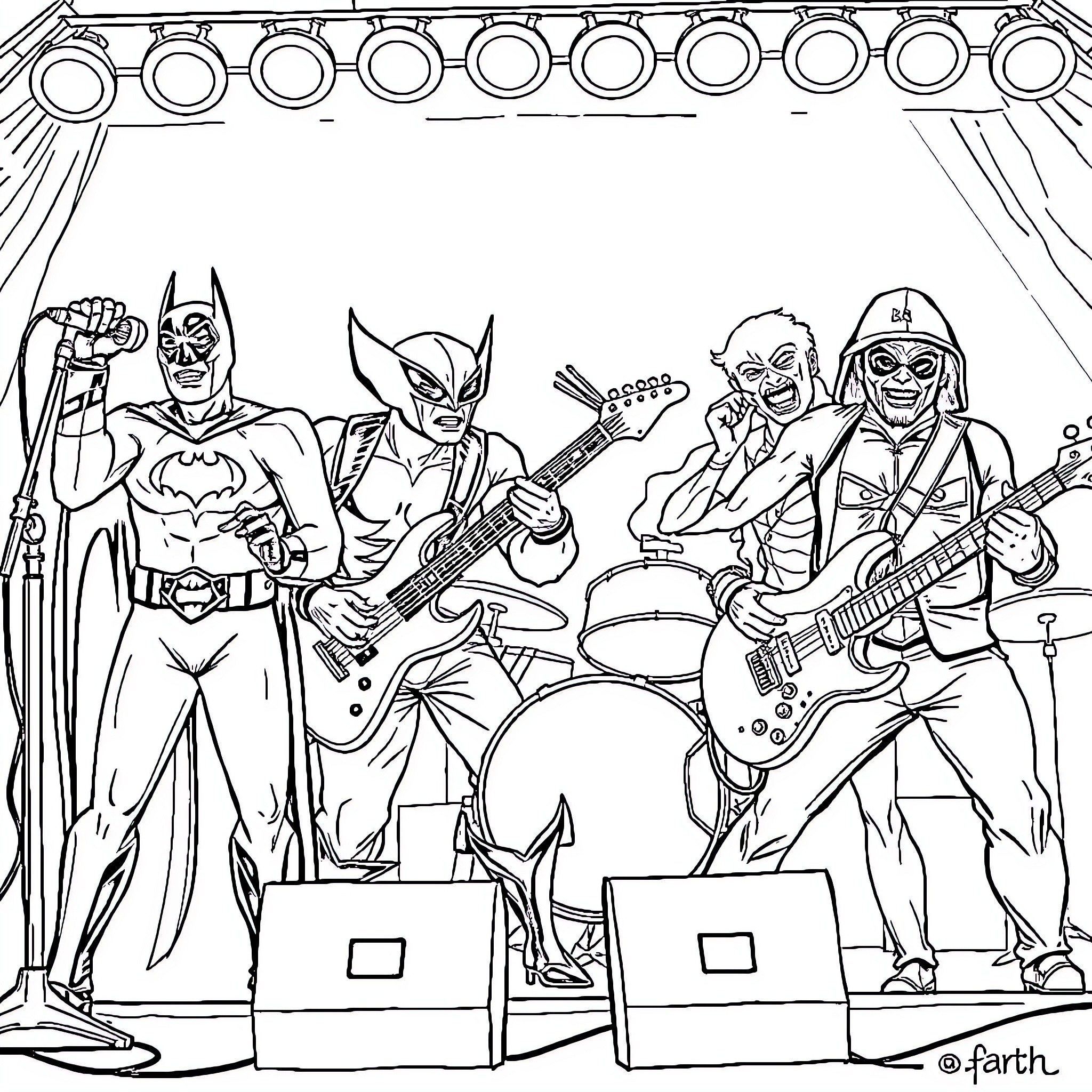 Band of Superheroes Performing on Stage Coloring Page (free black-and-white line drawing printable PDF for all, from beginners to advanced learners, including children, teens, adults, and seniors)