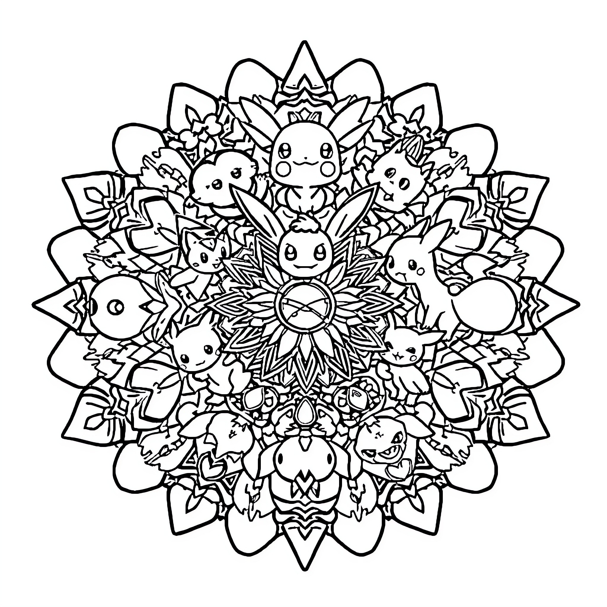 Pokémon Mandala with Cute Characters Coloring Page (free black-and-white line drawing printable PDF for all, from beginners to advanced learners, including children, teens, adults, and seniors)