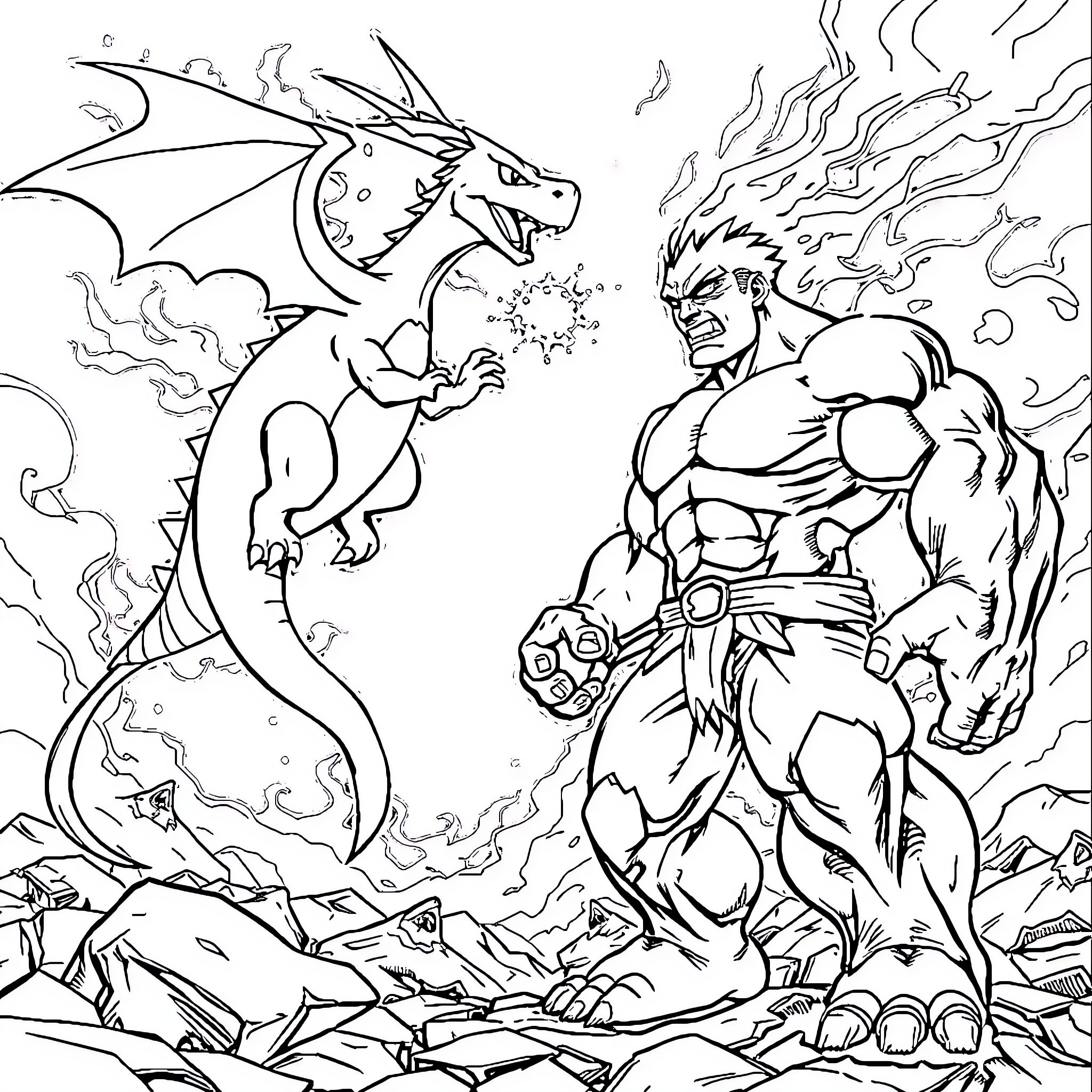 Charizard facing off against a muscular warrior Coloring Page (free black-and-white line drawing printable PDF for all, from beginners to advanced learners, including children, teens, adults, and seniors)