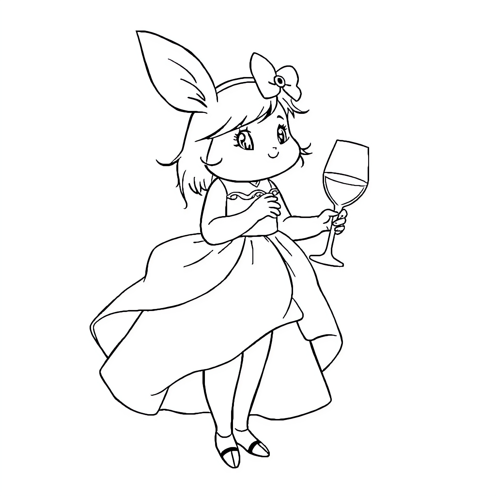 Cinderella celebrating with a glass of wine Coloring Page (free black-and-white line drawing printable PDF for all, from beginners to advanced learners, including children, teens, adults, and seniors)