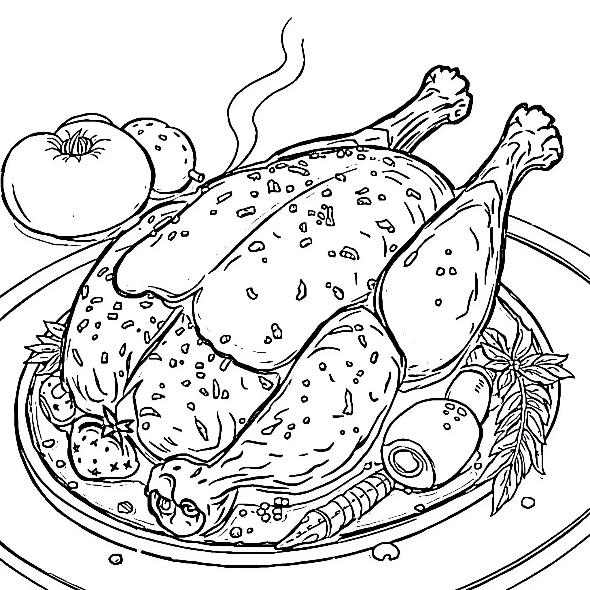Chicken Dish with Vegetables on a Plate Coloring Page (free black-and-white line drawing printable PDF for all, from beginners to advanced learners, including children, teens, adults, and seniors)
