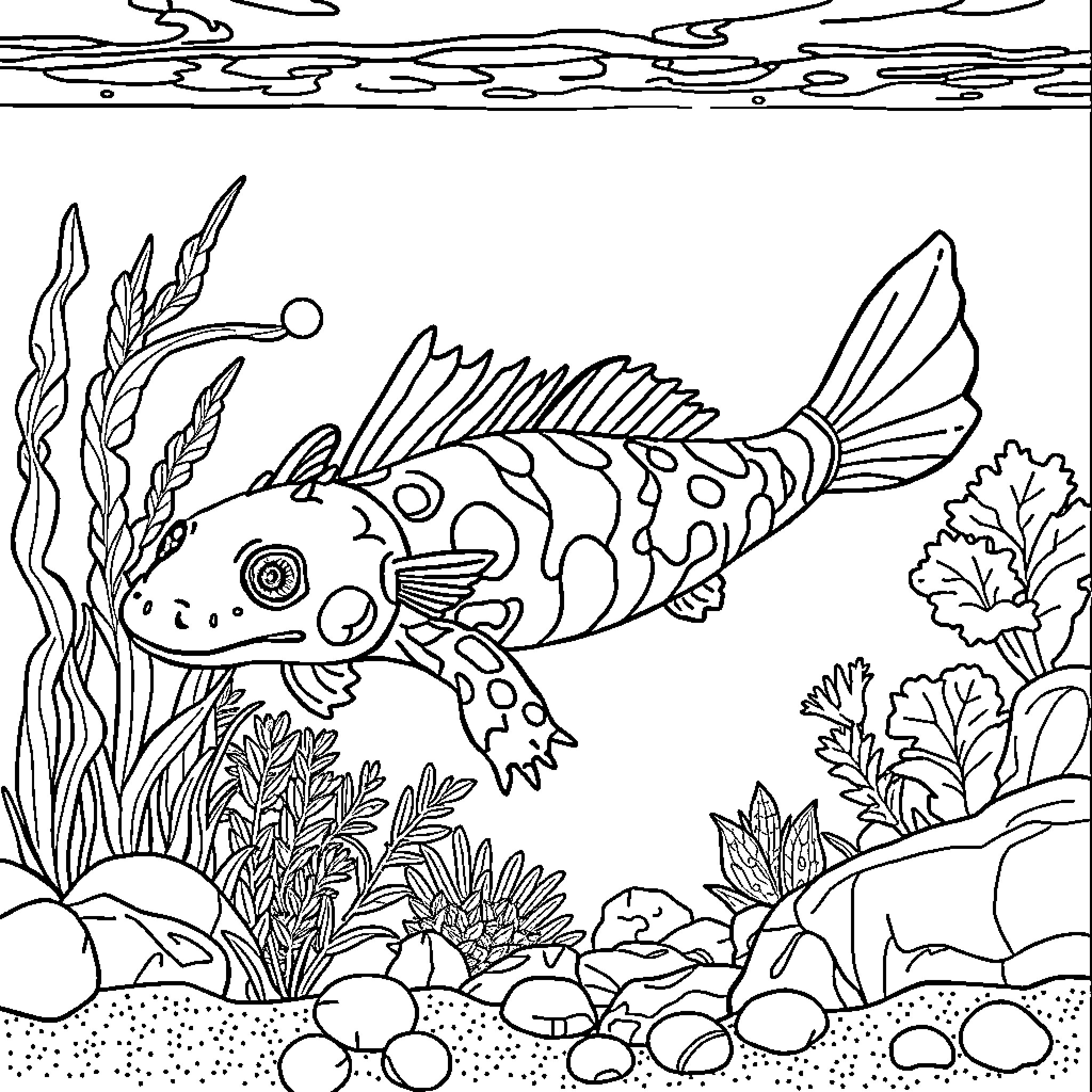 Axolotl swimming among underwater plants and rocks Coloring Page (free black-and-white line drawing printable PDF for all, from beginners to advanced learners, including children, teens, adults, and seniors)