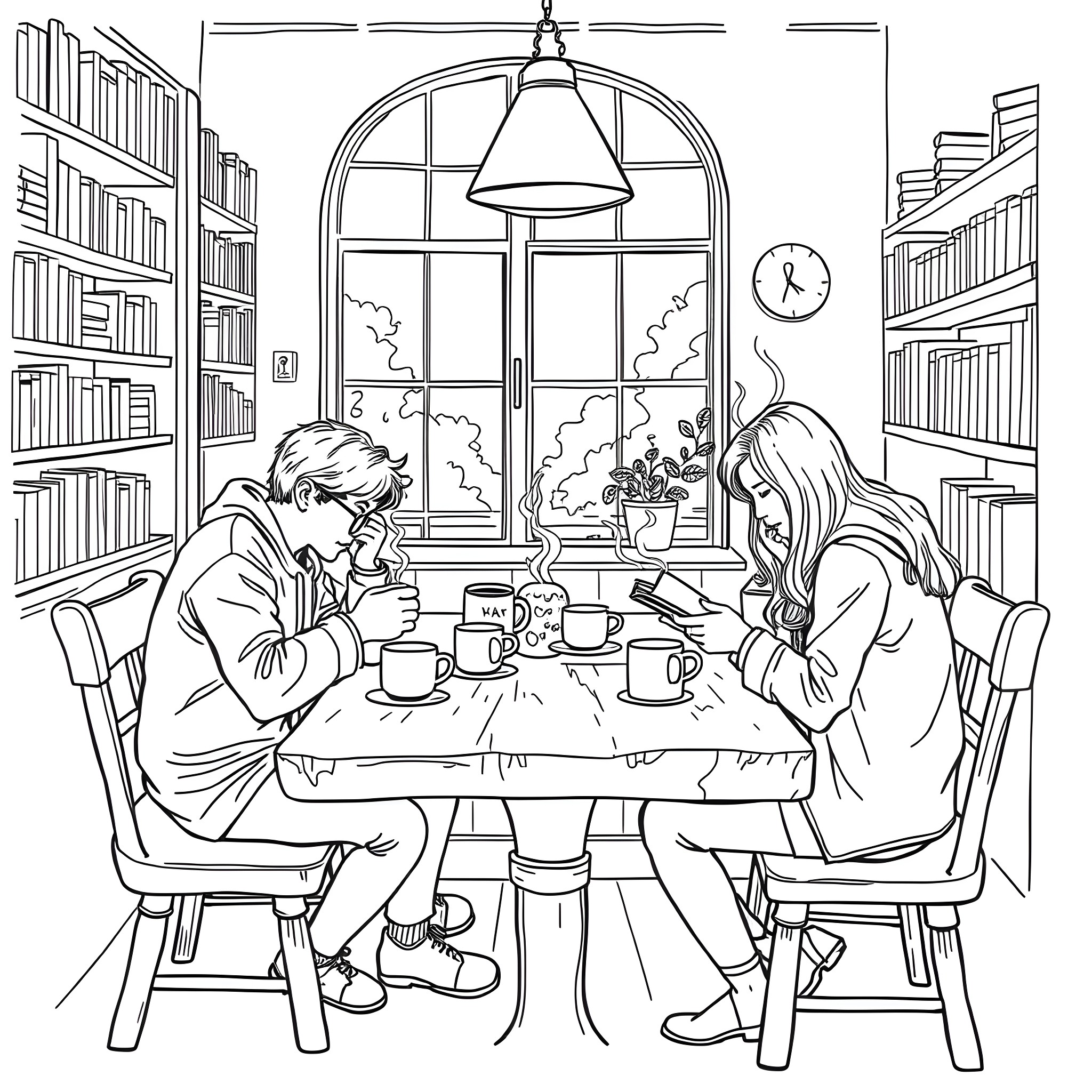 Friend enjoying warm drinks together in cozy library Coloring Page (free black-and-white line drawing printable PDF for all, from beginners to advanced learners, including children, teens, adults, and seniors)