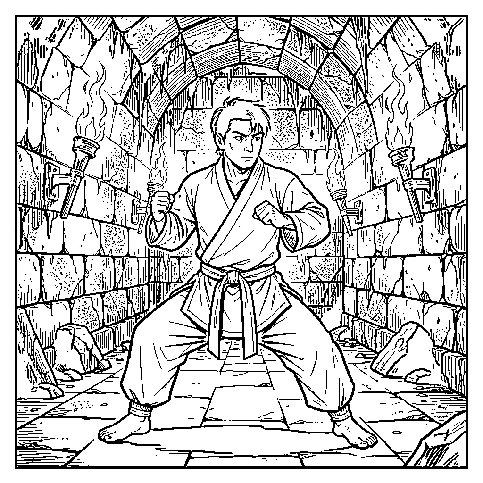 Man in martial arts uniform performing a stance Coloring Page (free black-and-white line drawing printable PDF for all, from beginners to advanced learners, including children, teens, adults, and seniors)