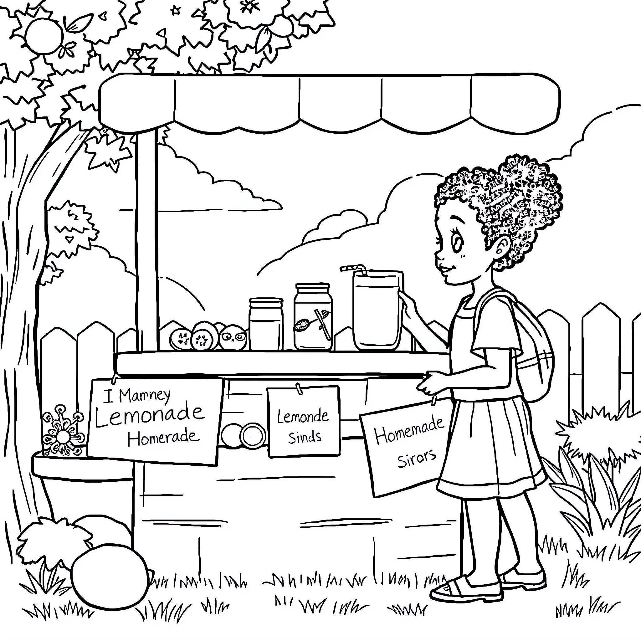 Child selling homemade lemonade and treats at a stand Coloring Page (free black-and-white line drawing printable PDF for all, from beginners to advanced learners, including children, teens, adults, and seniors)