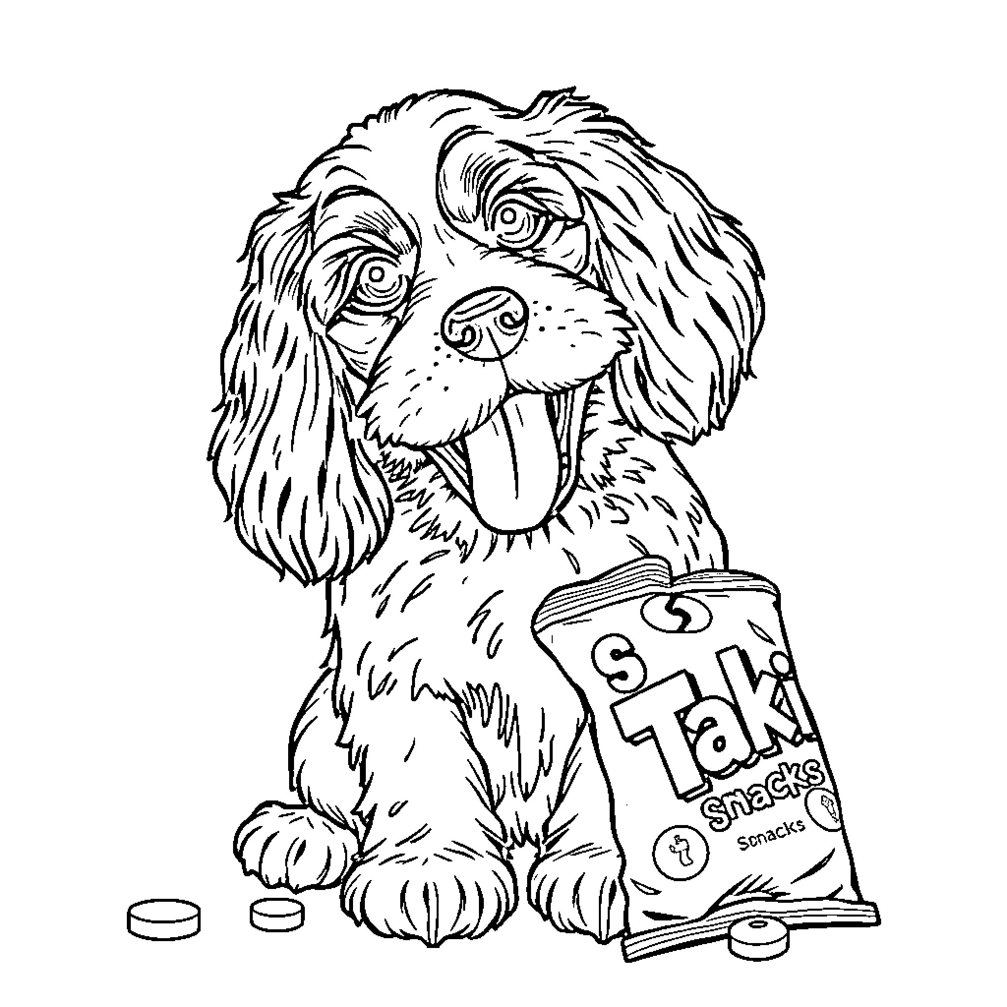 Cocker Spaniel happily enjoying snacks Coloring Page (free black-and-white line drawing printable PDF for all, from beginners to advanced learners, including children, teens, adults, and seniors)