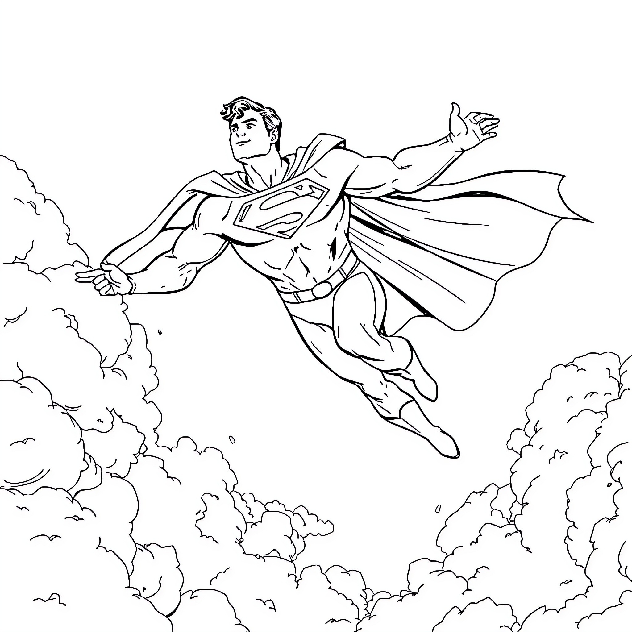 Superman soaring through the clouds Coloring Page (free black-and-white line drawing printable PDF for all, from beginners to advanced learners, including children, teens, adults, and seniors)