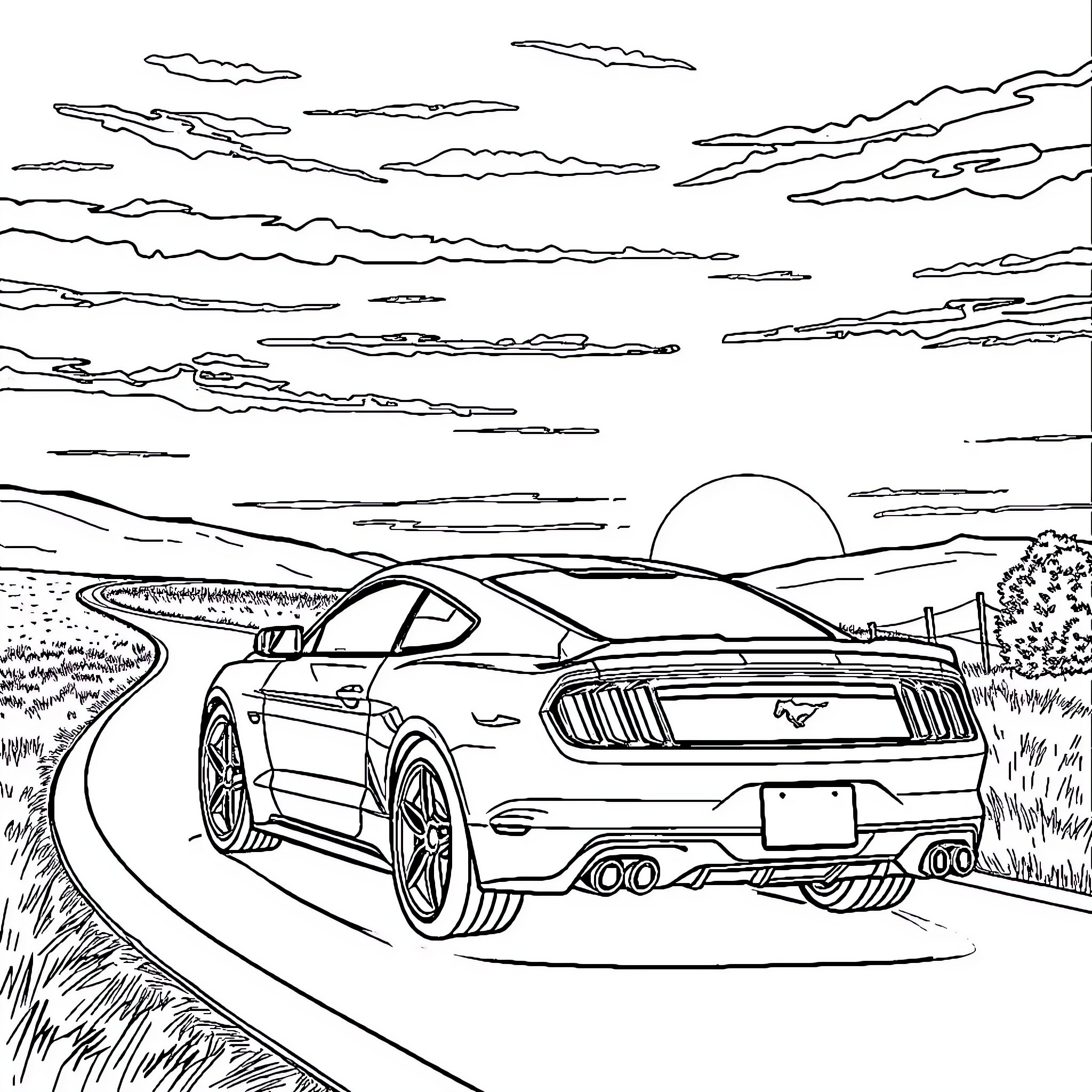 Mustang driving along scenic countryside road Coloring Page (free black-and-white line drawing printable PDF for all, from beginners to advanced learners, including children, teens, adults, and seniors)