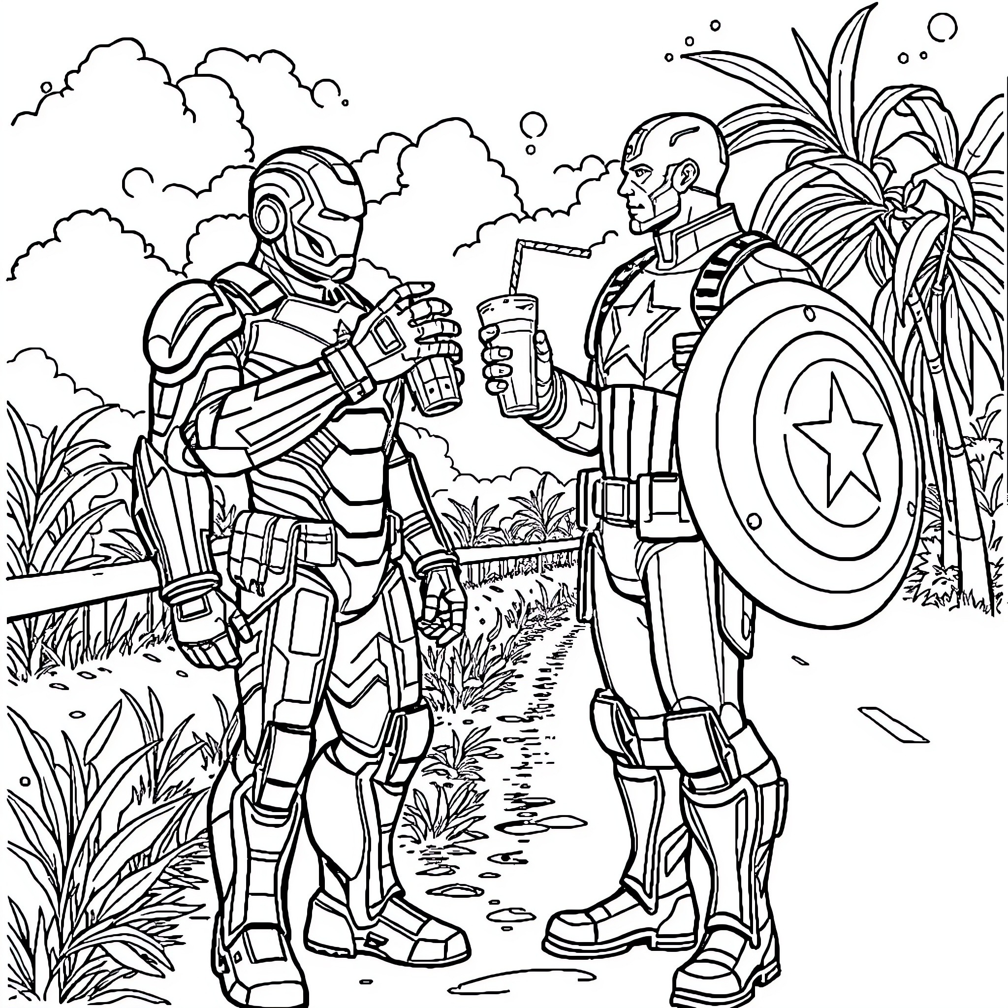 Ironman and Captain America relaxing in nature Coloring Page (free black-and-white line drawing printable PDF for all, from beginners to advanced learners, including children, teens, adults, and seniors)