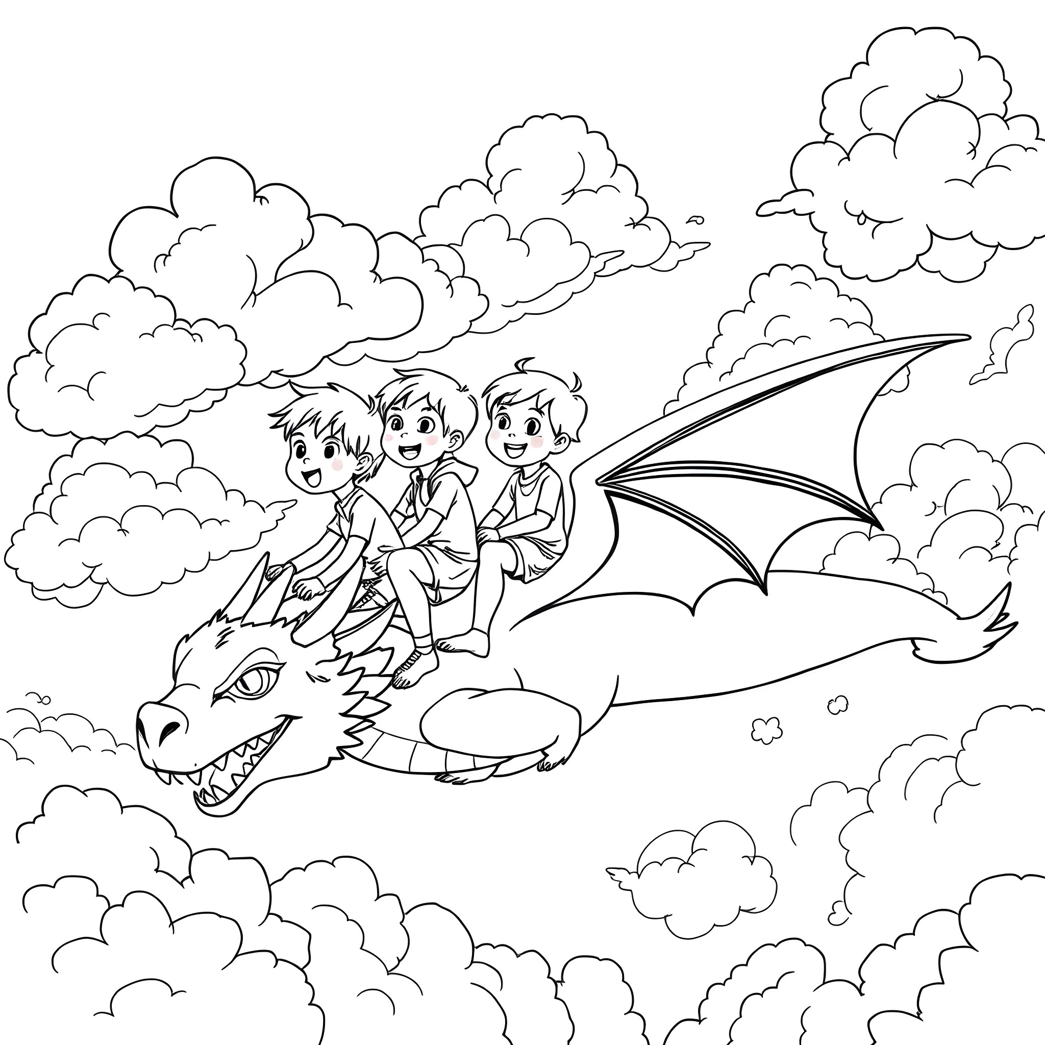 Children Riding a Mythical Dragon through Cloudy Skies Coloring Page (free black-and-white line drawing printable PDF for all, from beginners to advanced learners, including children, teens, adults, and seniors)