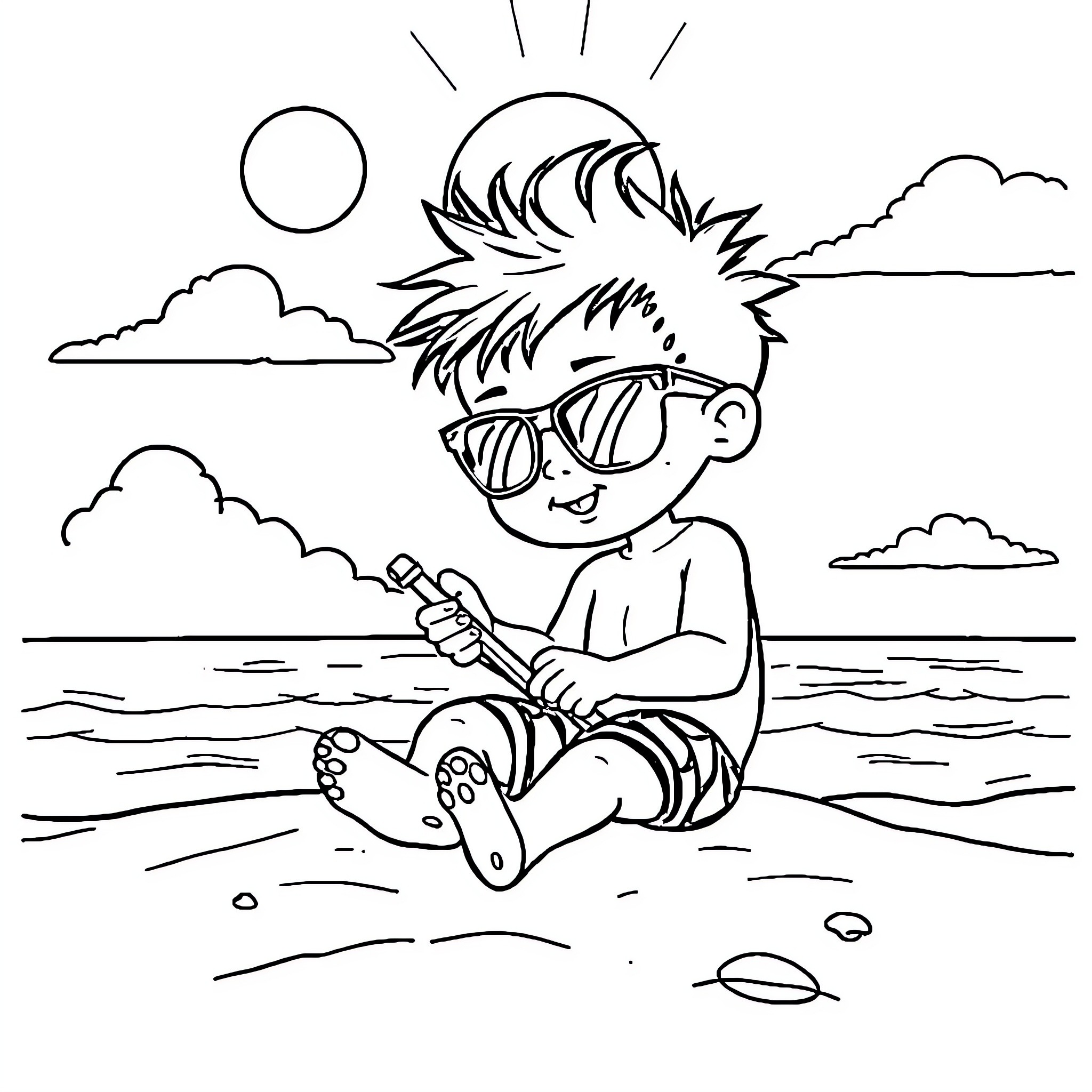 Coolkid enjoying the sunny beach Coloring Page (free black-and-white line drawing printable PDF for all, from beginners to advanced learners, including children, teens, adults, and seniors)