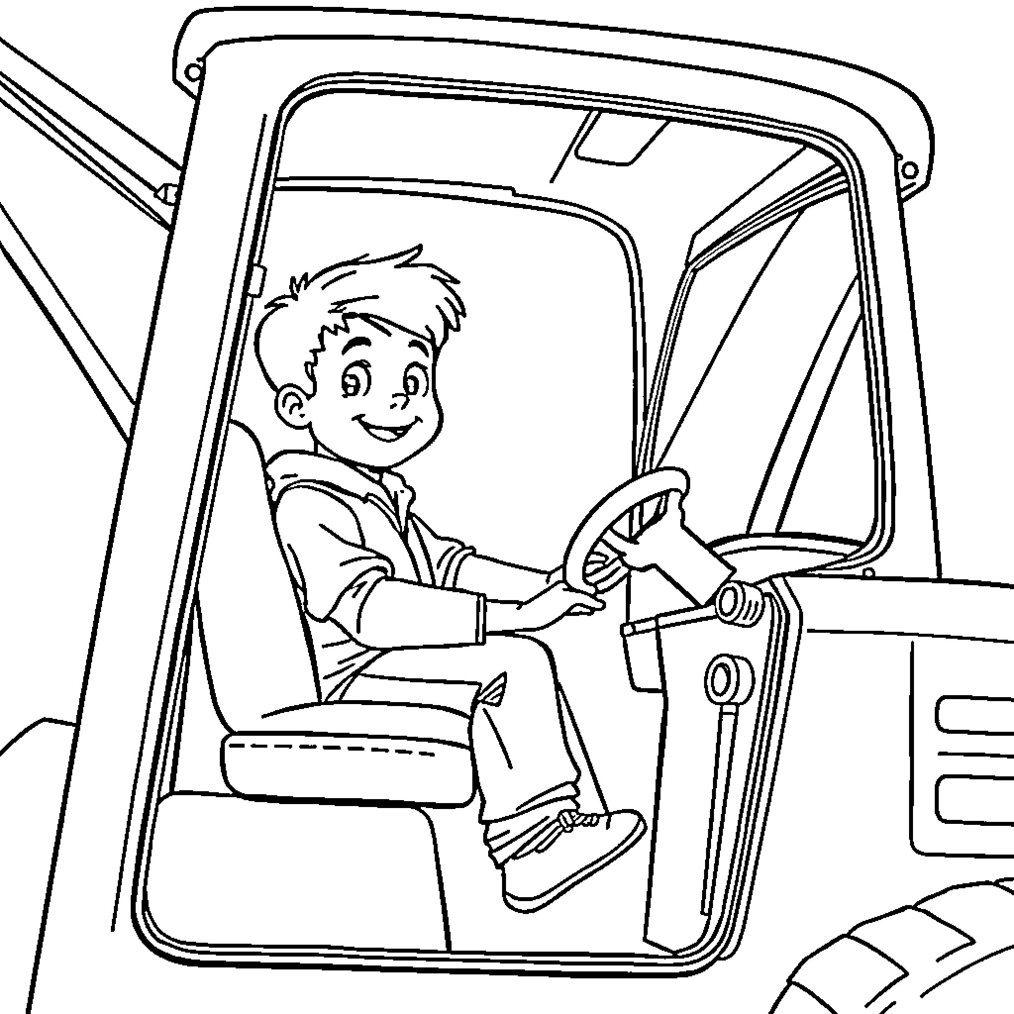 Boy driving a truck happily Coloring Page (free black-and-white line drawing printable PDF for all, from beginners to advanced learners, including children, teens, adults, and seniors)