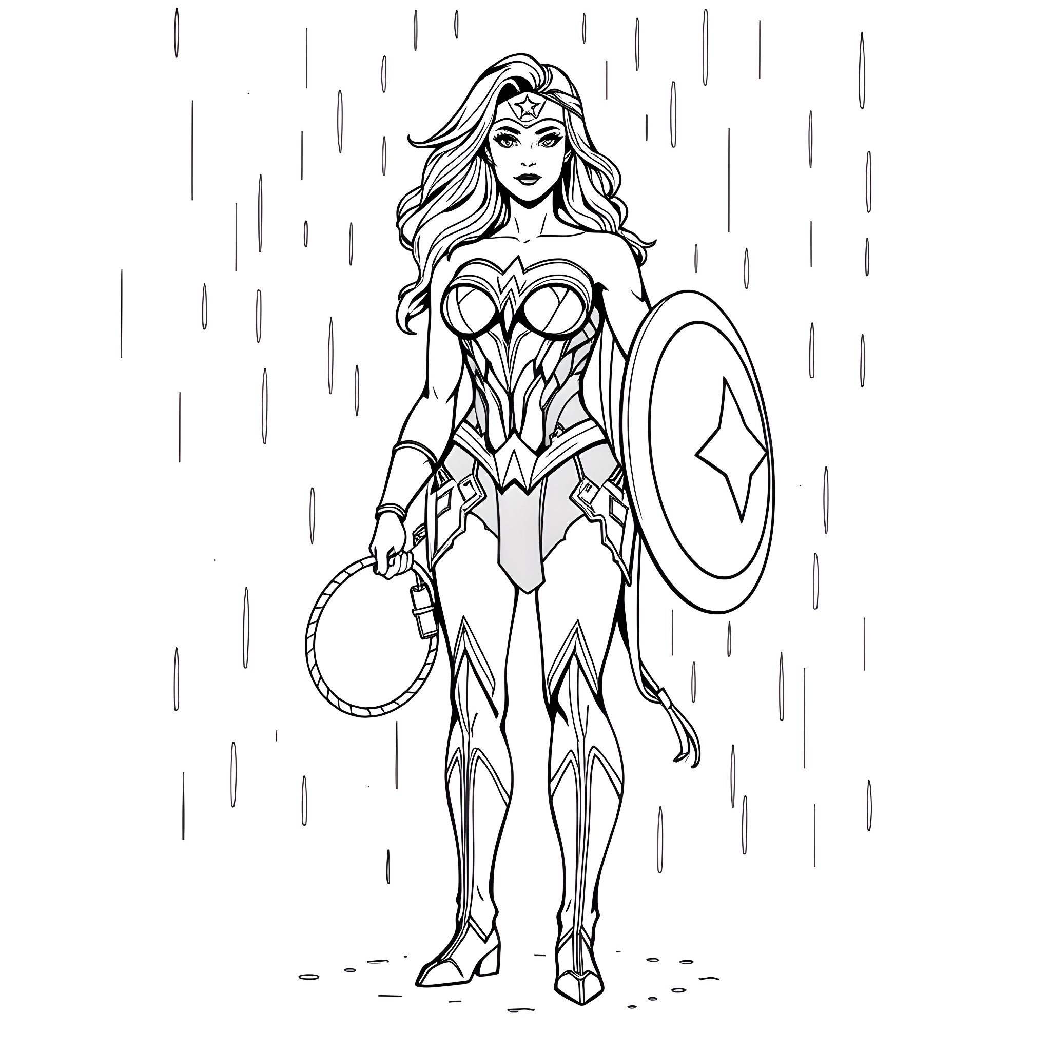 Wonder Woman fighting in the rain Coloring Page (free black-and-white line drawing printable PDF for all, from beginners to advanced learners, including children, teens, adults, and seniors)