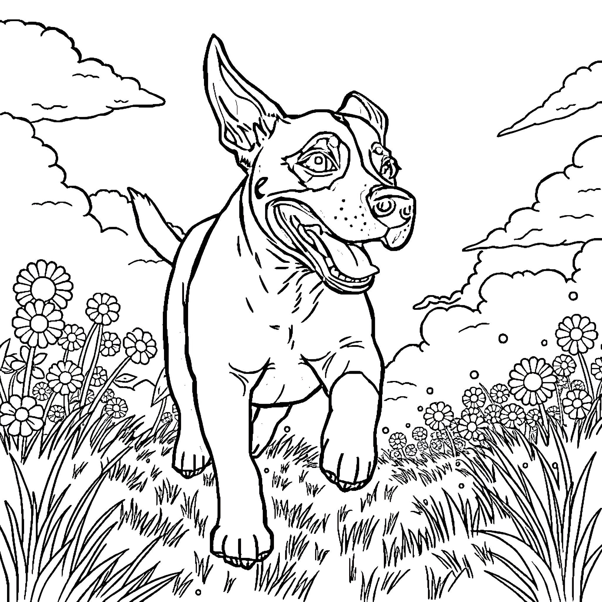 Black Mouth Cur exploring a lush garden Coloring Page (free black-and-white line drawing printable PDF for all, from beginners to advanced learners, including children, teens, adults, and seniors)