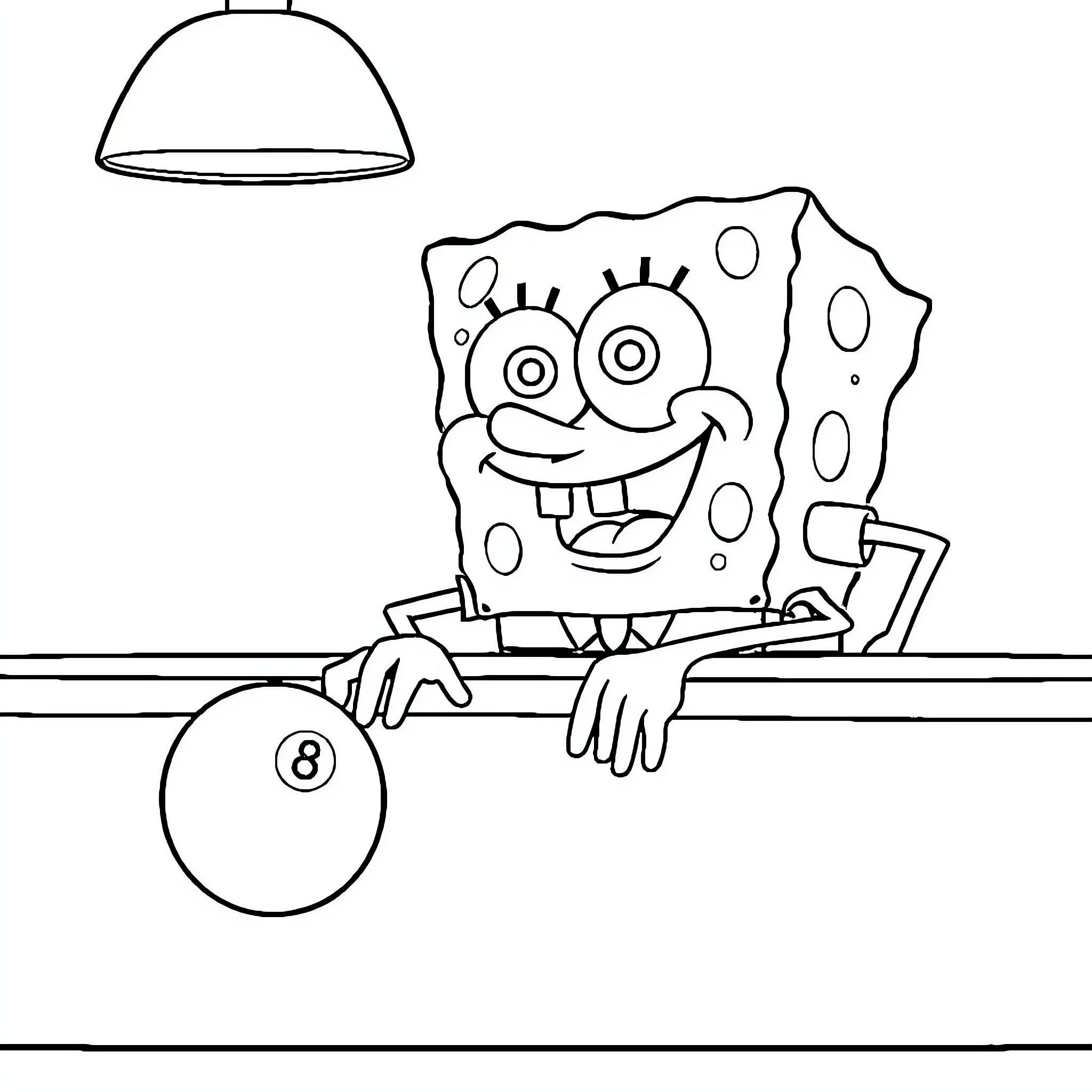 Spongebob playing pool and smiling happily Coloring Page (free black-and-white line drawing printable PDF for all, from beginners to advanced learners, including children, teens, adults, and seniors)