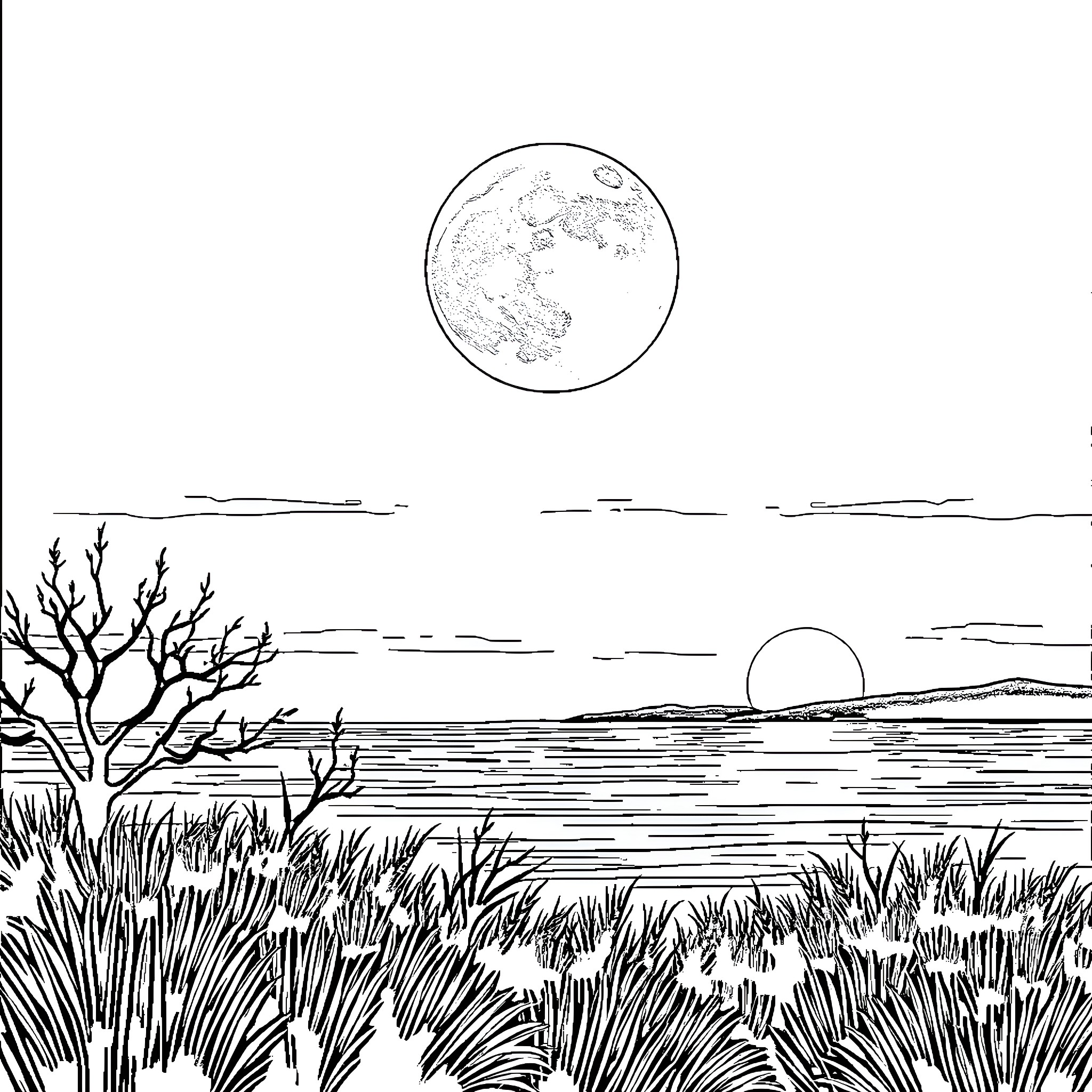 Moon over the tranquil lake and landscape Coloring Page (free black-and-white line drawing printable PDF for all, from beginners to advanced learners, including children, teens, adults, and seniors)