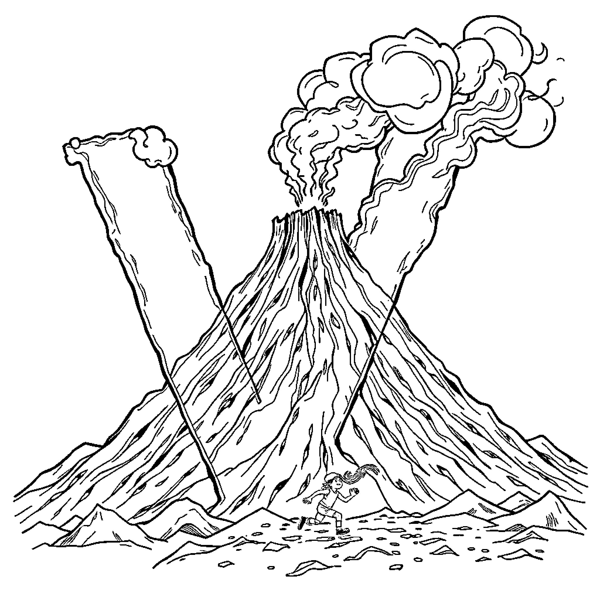 Volcano erupting with dramatic lava and smoke Coloring Page (free black-and-white line drawing printable PDF for all, from beginners to advanced learners, including children, teens, adults, and seniors)