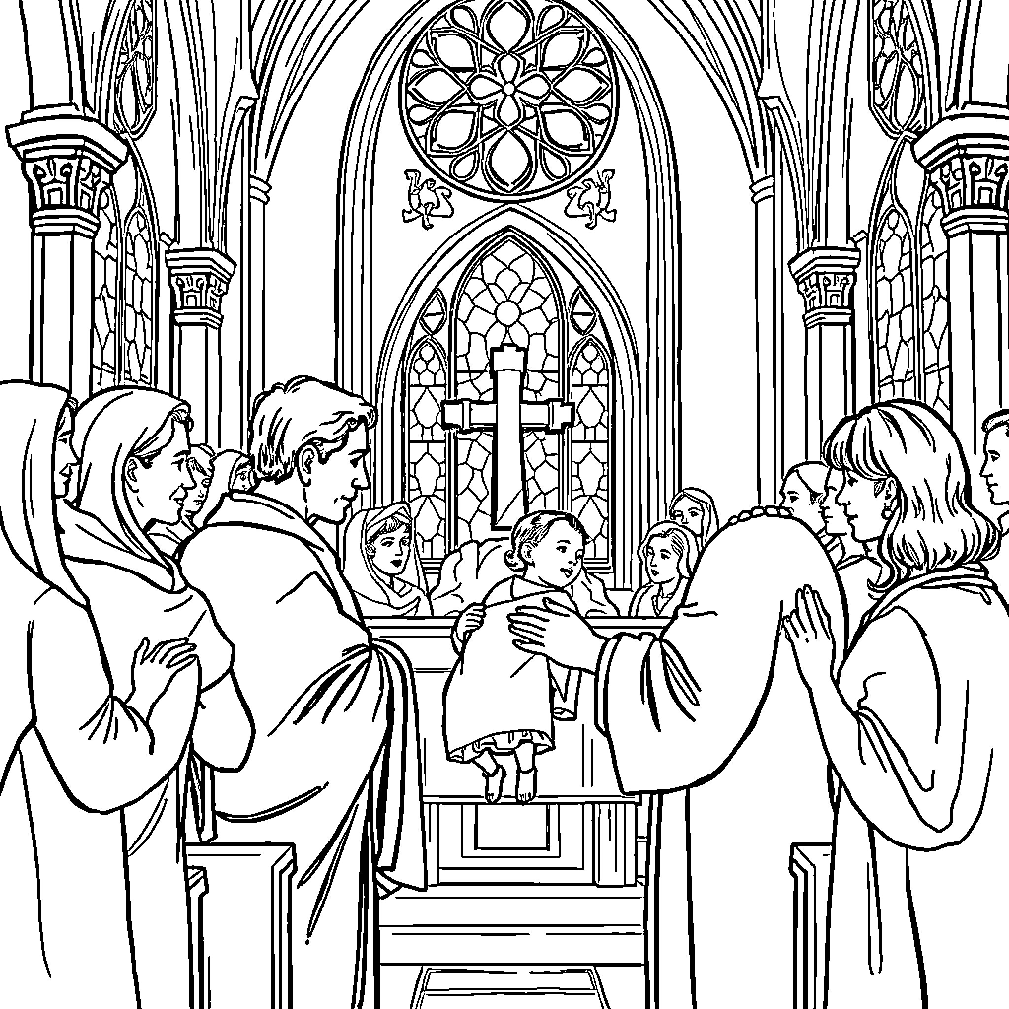 Baby christening ceremony in a Gothic cathedral Coloring Page (free black-and-white line drawing printable PDF for all, from beginners to advanced learners, including children, teens, adults, and seniors)