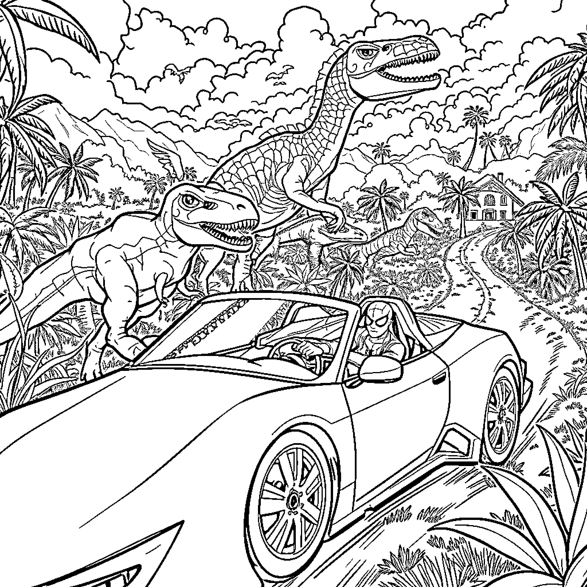 Spiderman's Jurassic Roadtrip Adventure Coloring Page (free black-and-white line drawing printable PDF for all, from beginners to advanced learners, including children, teens, adults, and seniors)