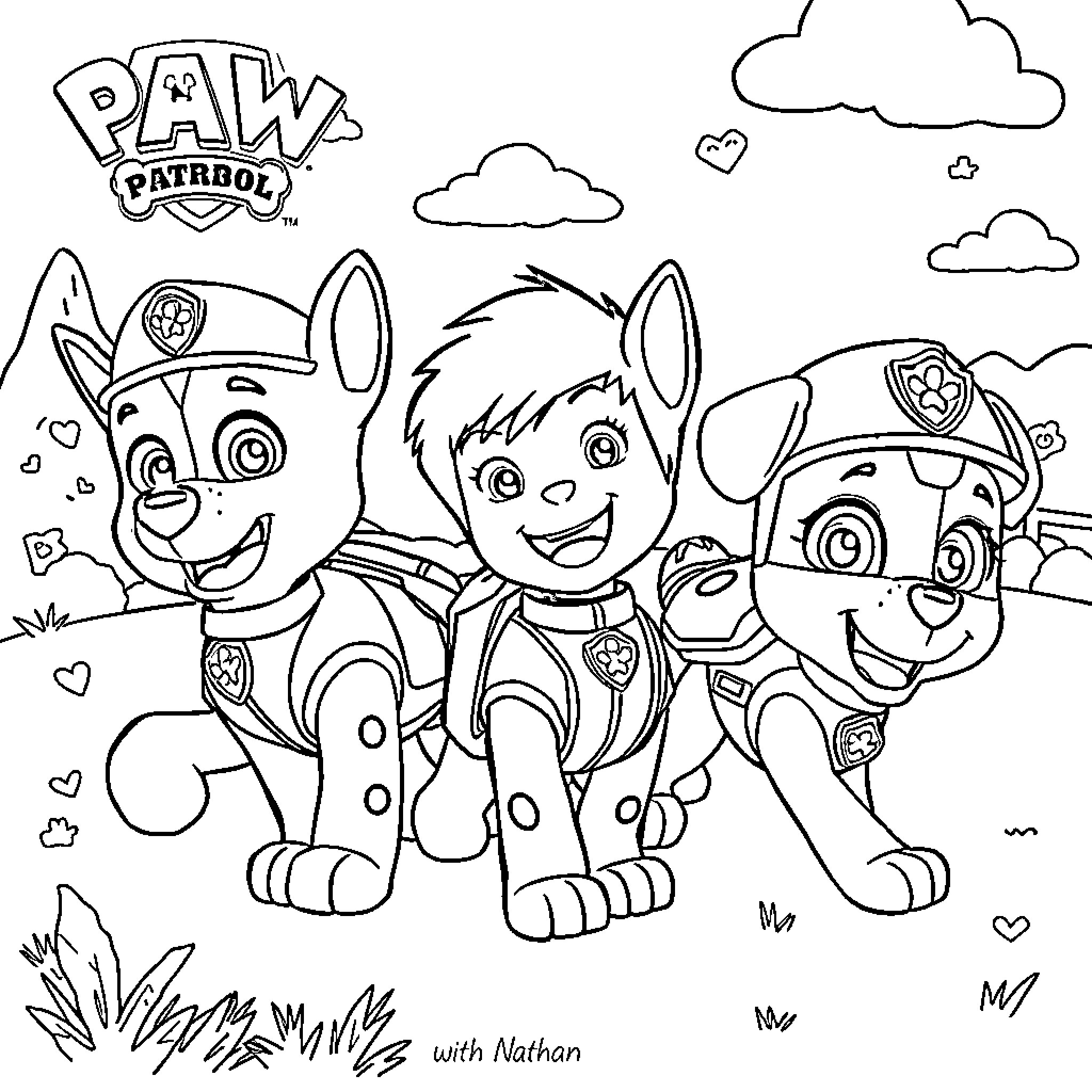 Paw Patrol Playful Pups in Action Coloring Page (free black-and-white line drawing printable PDF for all, from beginners to advanced learners, including children, teens, adults, and seniors)