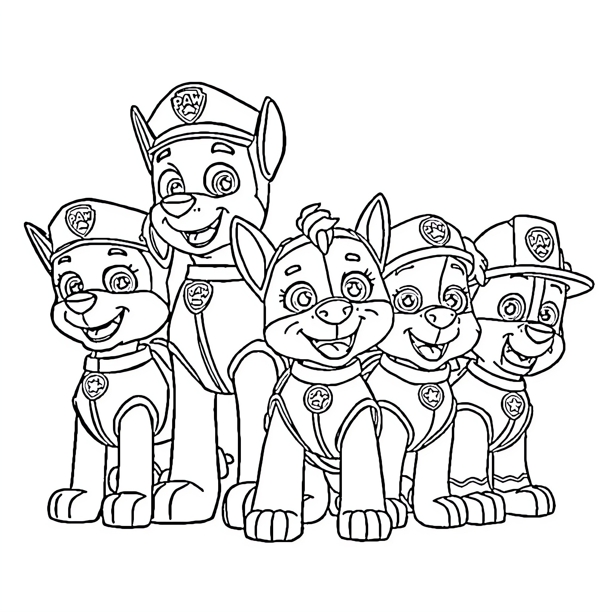 Paw Patrol team posing together in uniform Coloring Page (free black-and-white line drawing printable PDF for all, from beginners to advanced learners, including children, teens, adults, and seniors)