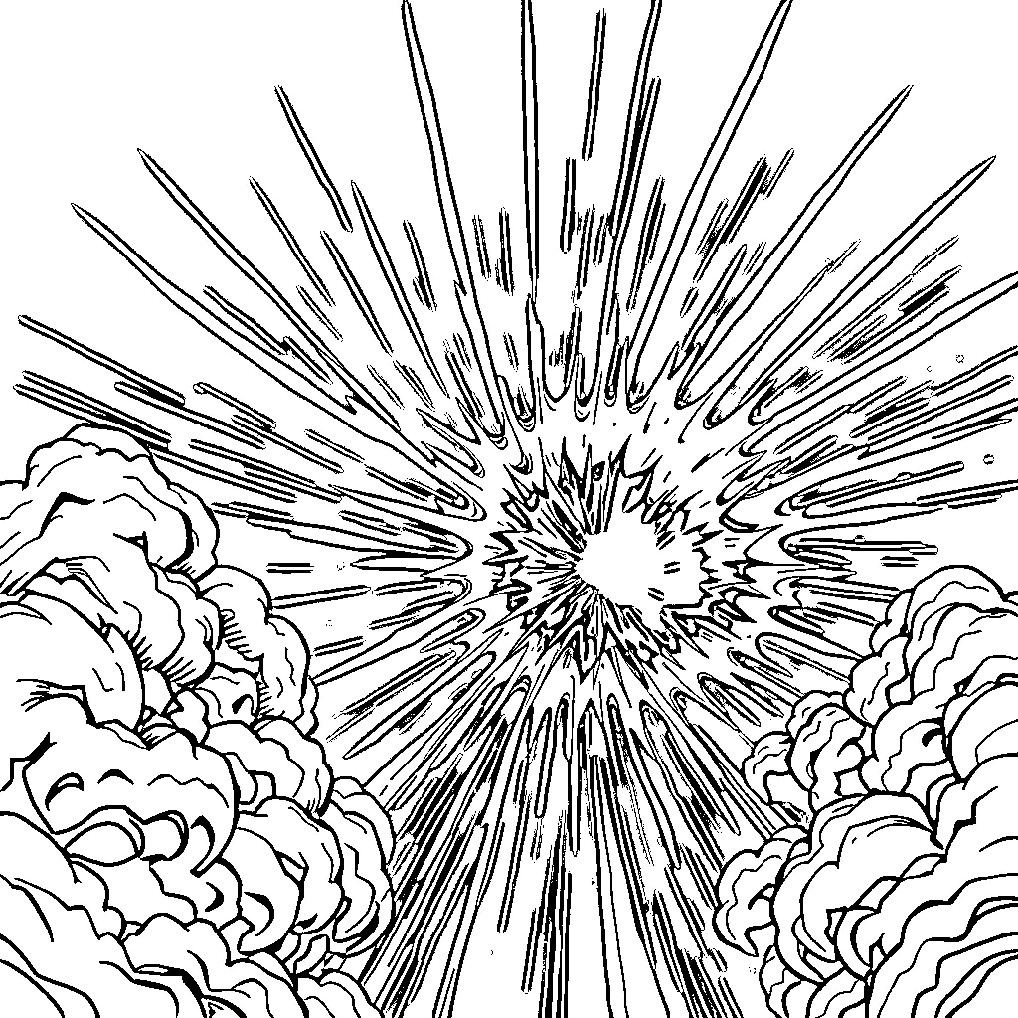 Boom! Explosive celestial display in the cloudy skies Coloring Page (free black-and-white line drawing printable PDF for all, from beginners to advanced learners, including children, teens, adults, and seniors)