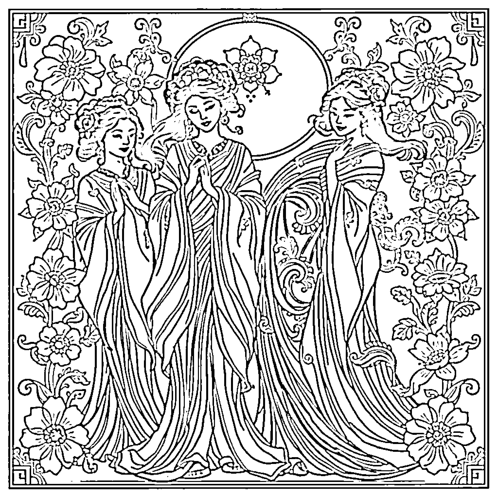 Beauty in Elegant Floral Attire Coloring Page (free black-and-white line drawing printable PDF for all, from beginners to advanced learners, including children, teens, adults, and seniors)