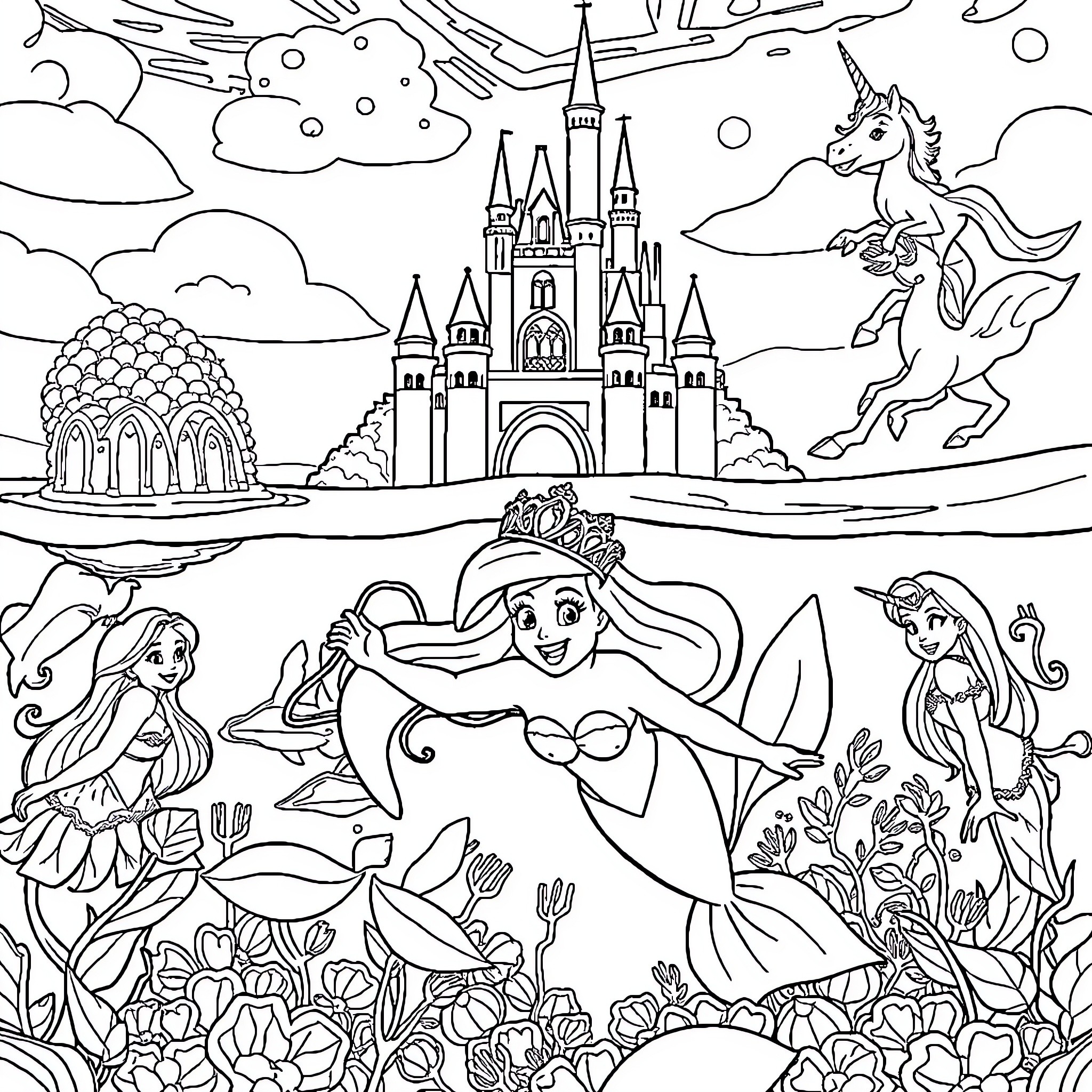 Ariel's Enchanting Underwater Adventure Coloring Page (free black-and-white line drawing printable PDF for all, from beginners to advanced learners, including children, teens, adults, and seniors)