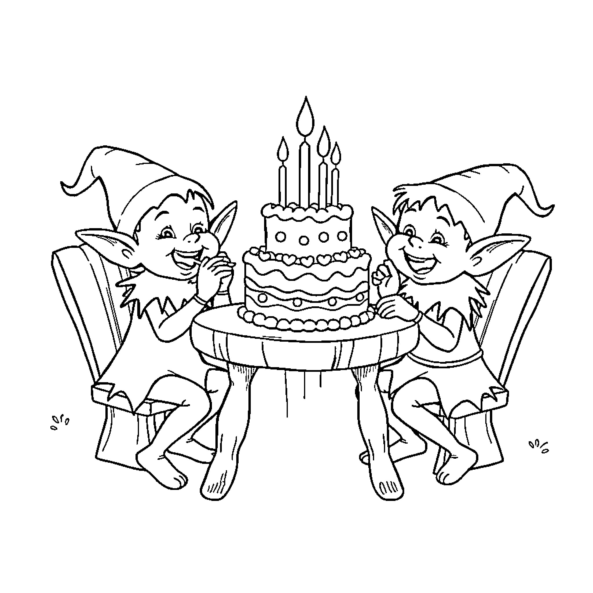 Elf friends celebrate birthday with cake and candles Coloring Page (free black-and-white line drawing printable PDF for all, from beginners to advanced learners, including children, teens, adults, and seniors)